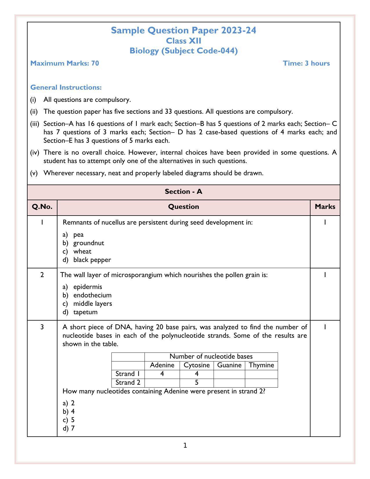 CBSE Class 12 Biology Sample Paper 2024 - Page 1