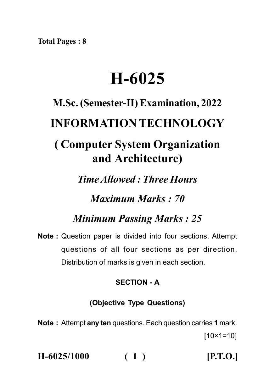 Sarguja University Question Paper July-2022 : M.Sc. In information Technology(Second Sem.)Computer System Organisation And Architecture Paper 1 - Page 1