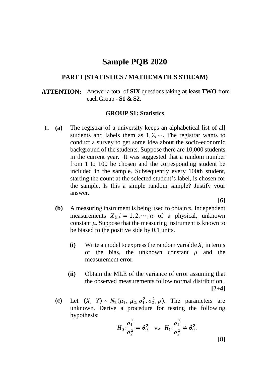 ISI Admission Test M.Tech (QROR) PQB 2019 Sample Paper - Page 1