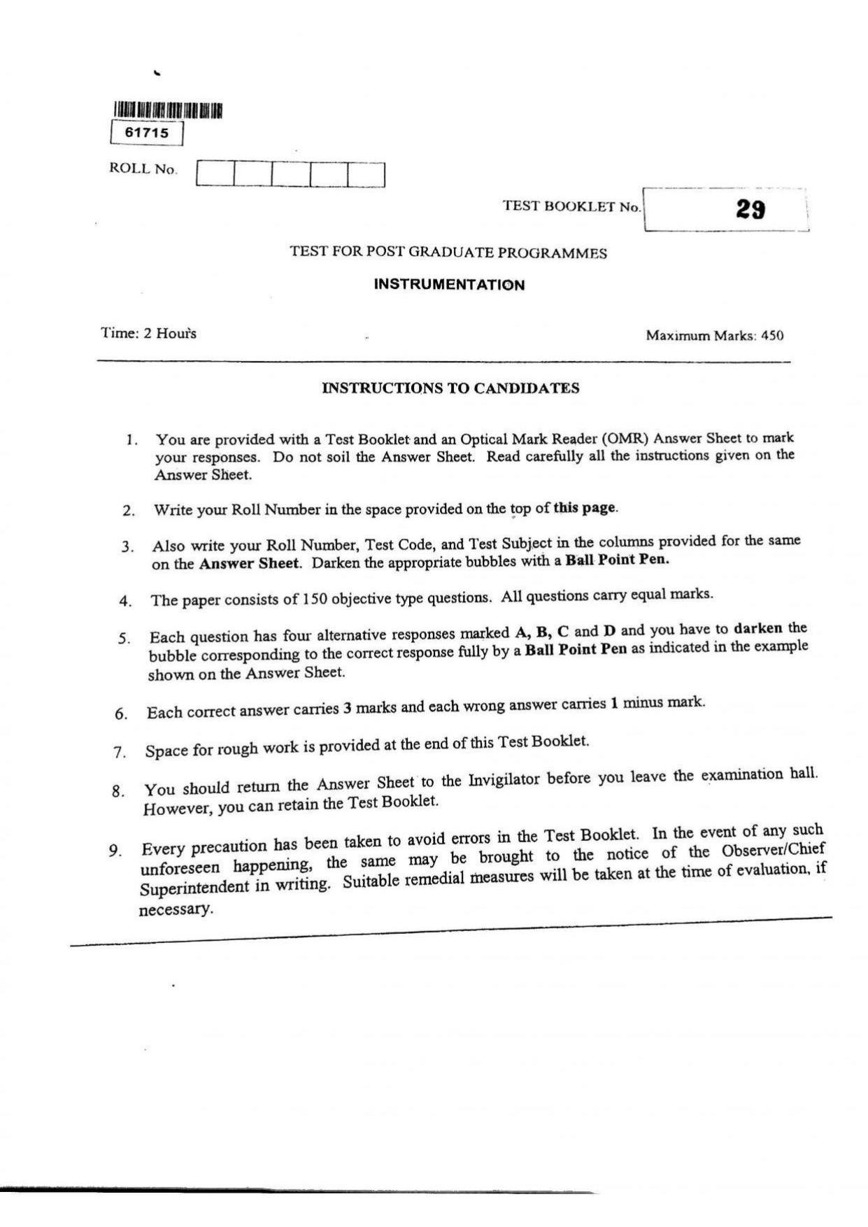 CUSAT CAT 2015 Instrumentation Question Paper - Page 1
