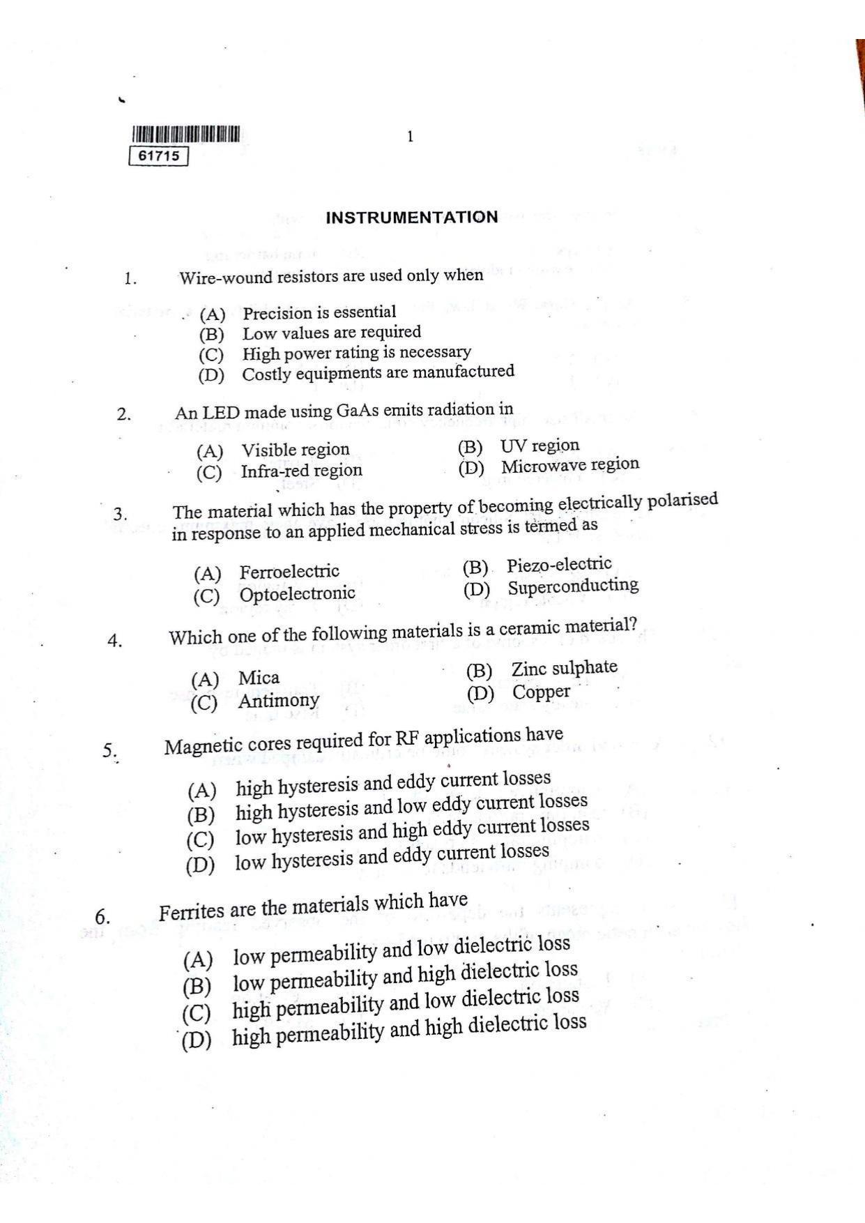 CUSAT CAT 2015 Instrumentation Question Paper - Page 2
