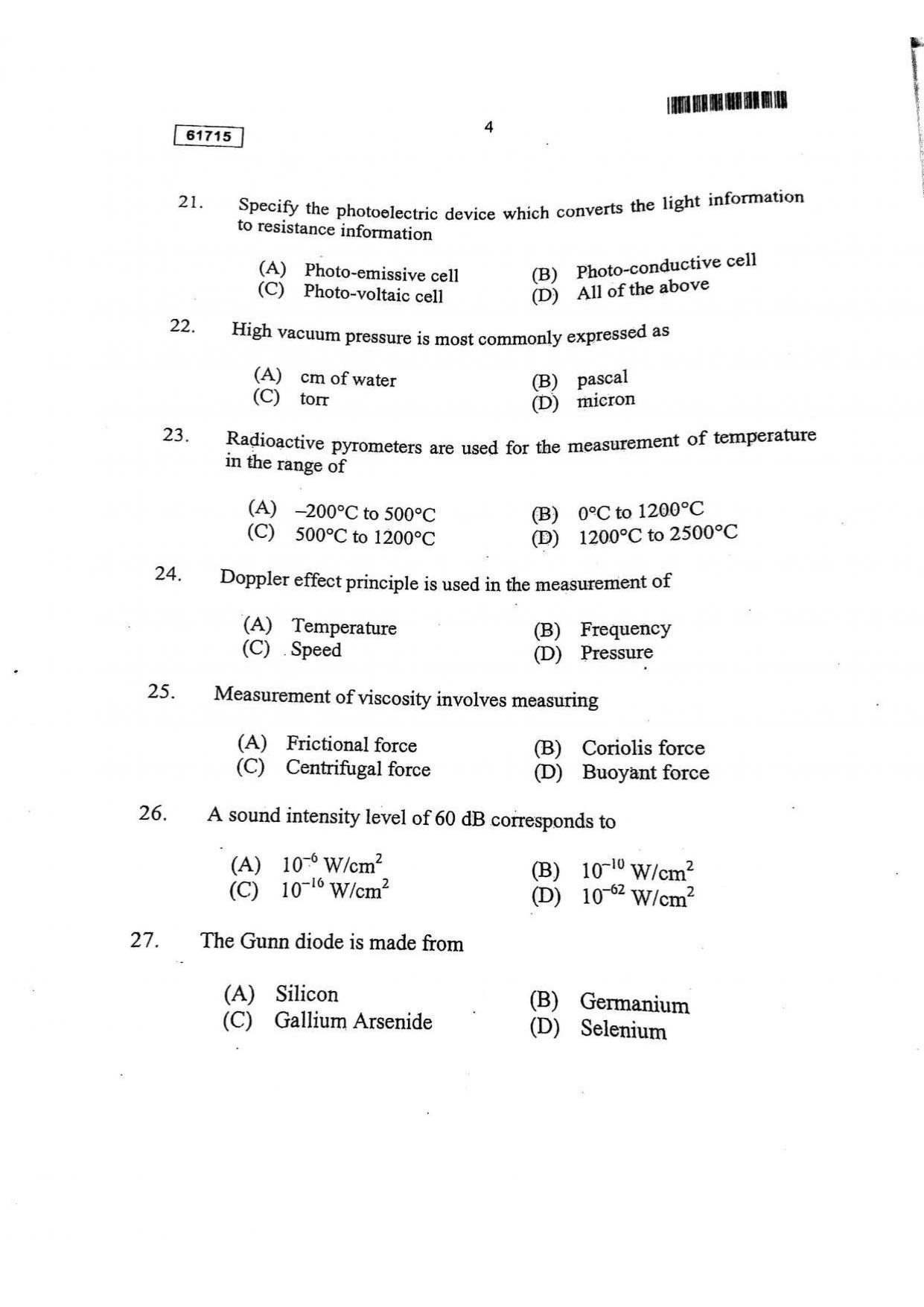 CUSAT CAT 2015 Instrumentation Question Paper - Page 5