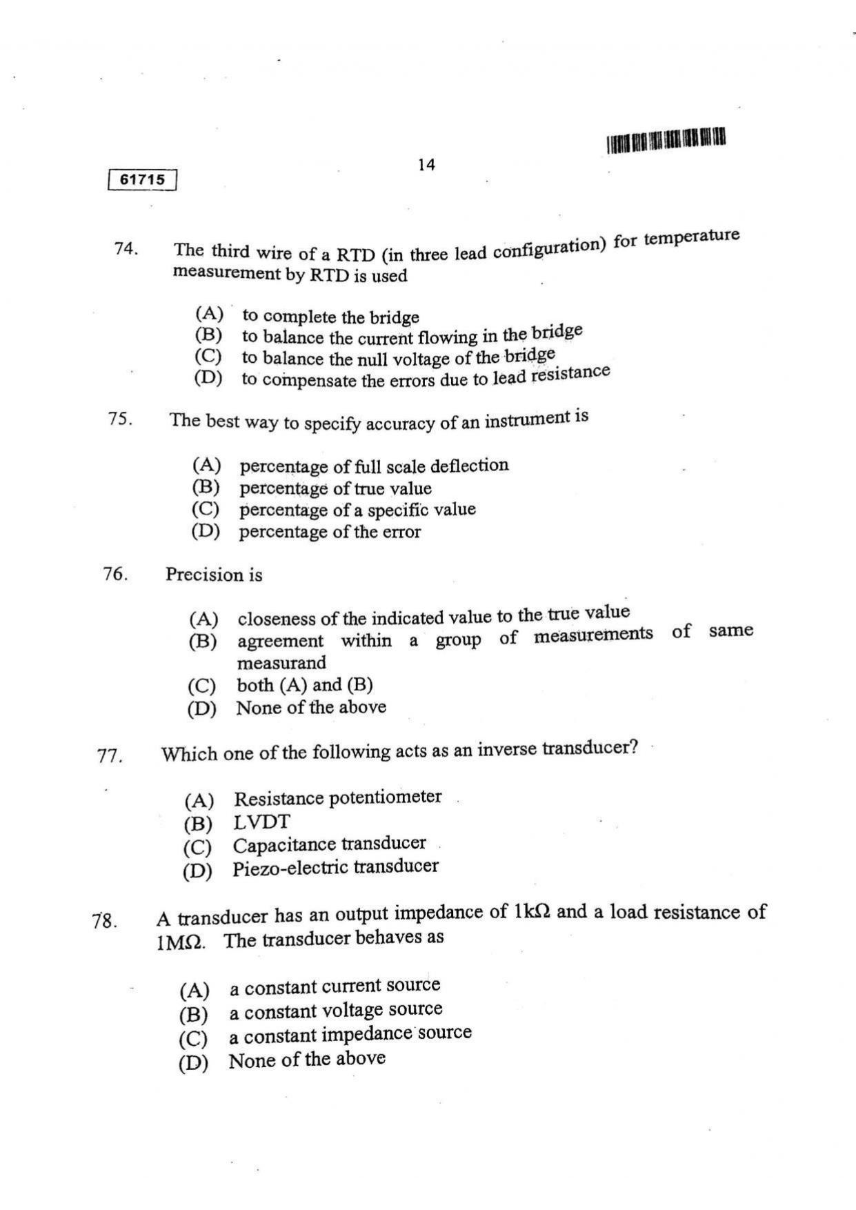 CUSAT CAT 2015 Instrumentation Question Paper - Page 15