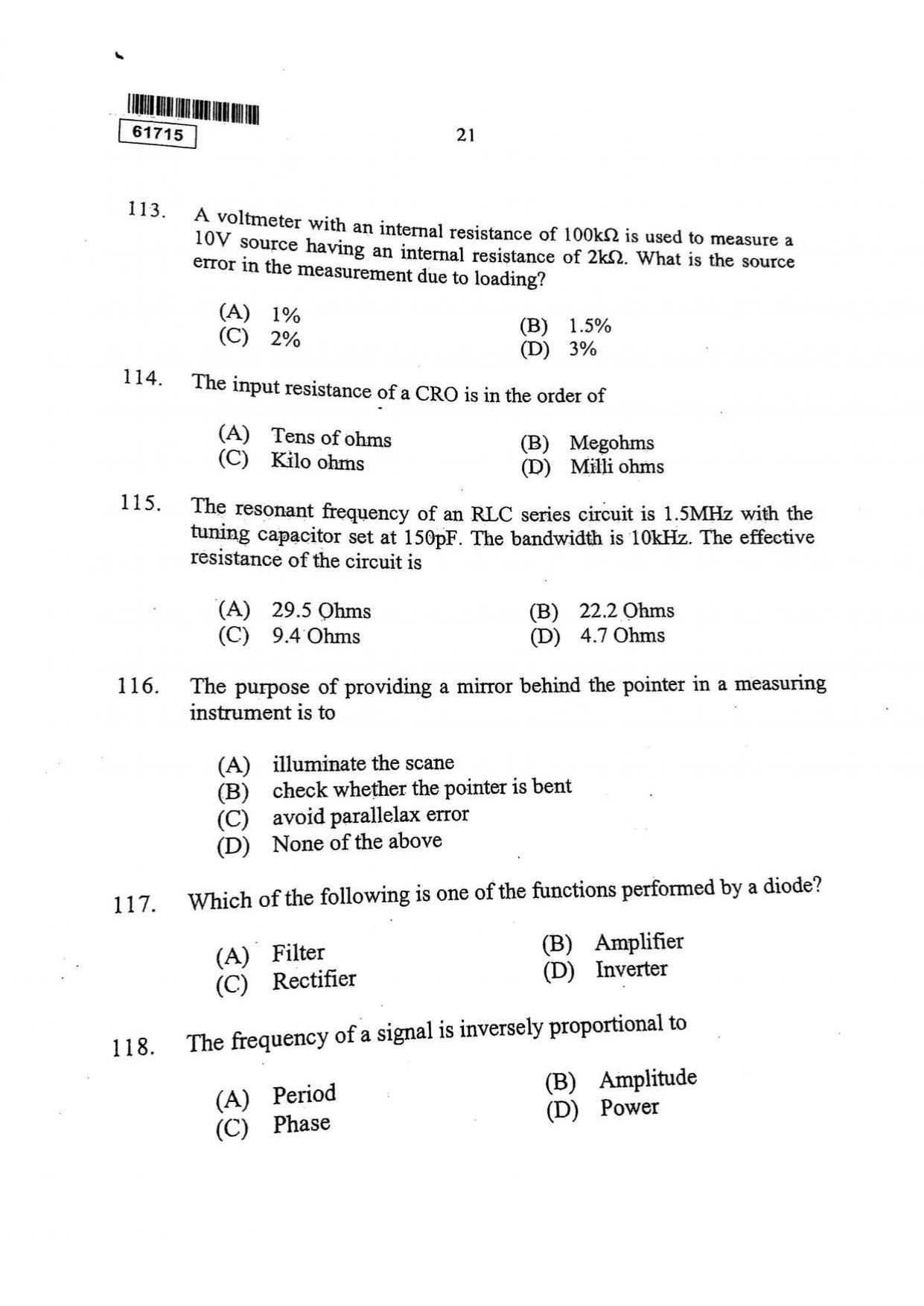 CUSAT CAT 2015 Instrumentation Question Paper - Page 22