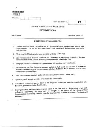 CUSAT CAT 2015 Instrumentation Question Paper