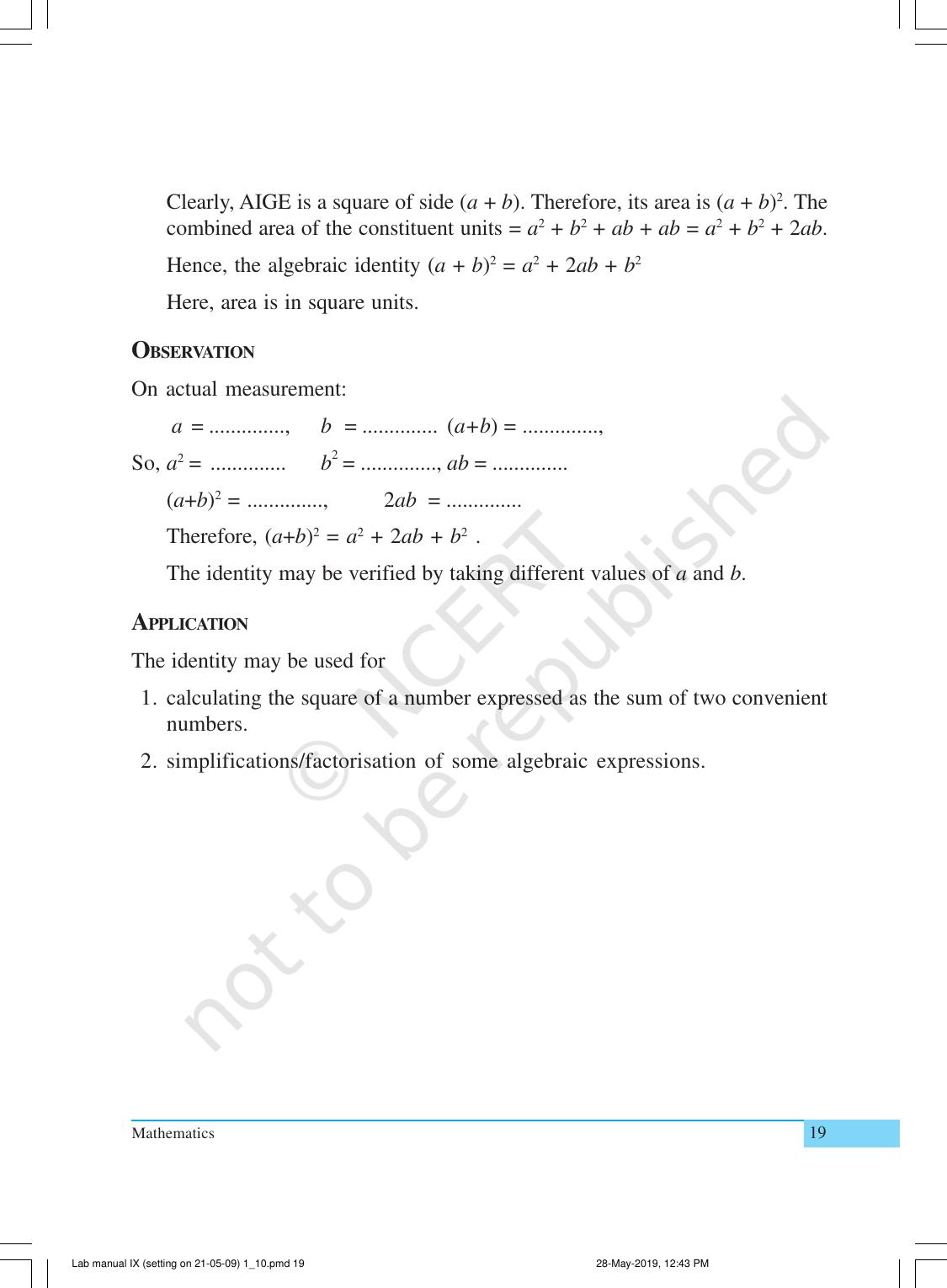 NCERT Laboratory Manuals for Class IX Mathematics - Activities for Class IX (1 to 10) - Page 19