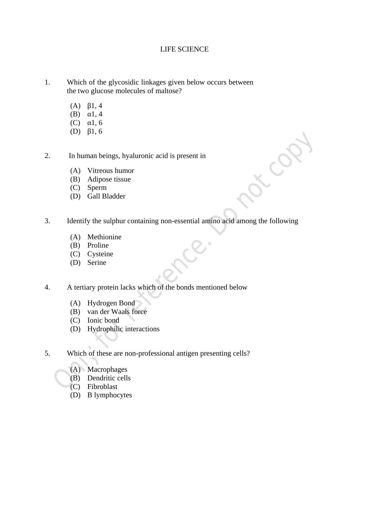 CUSAT CAT 2021 Life Science Question Paper - Page 1