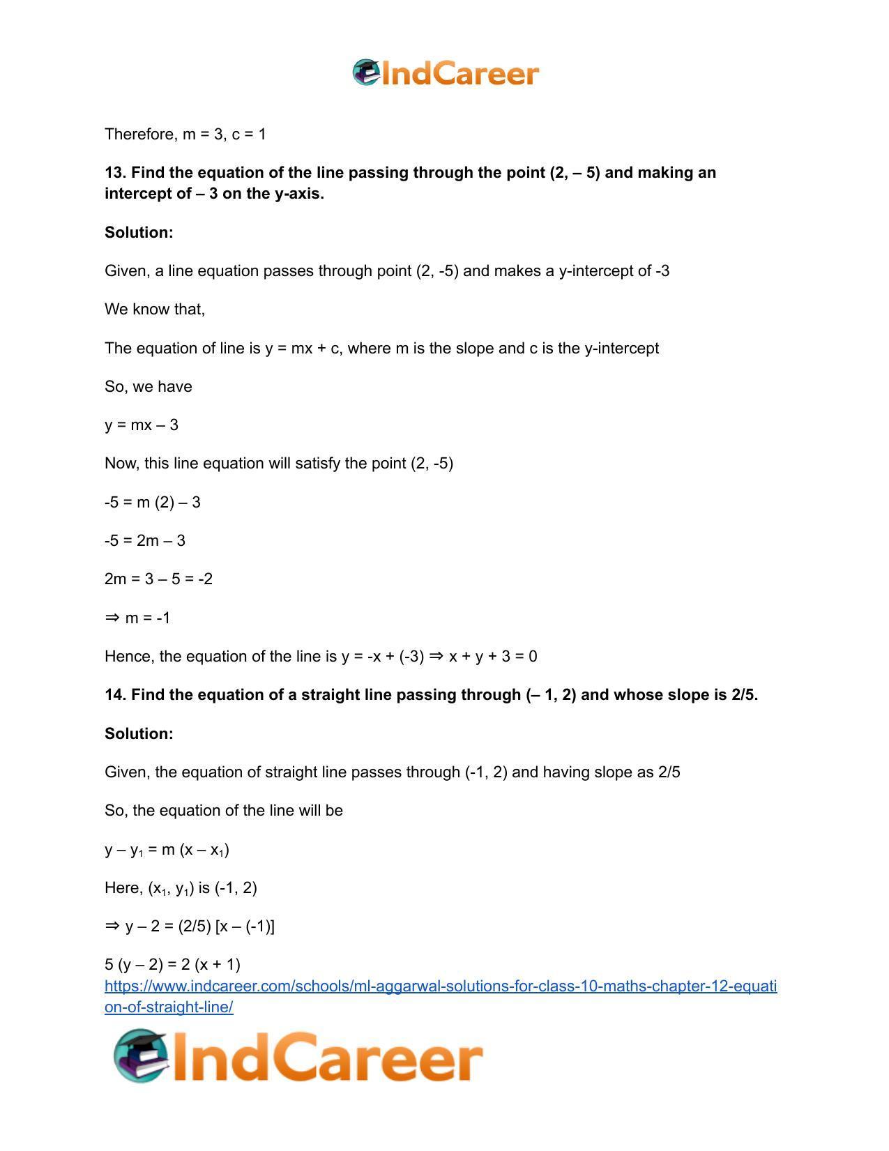 ML Aggarwal Solutions for Class 10 Maths Chapter 12- Equation of Straight Line - Page 11