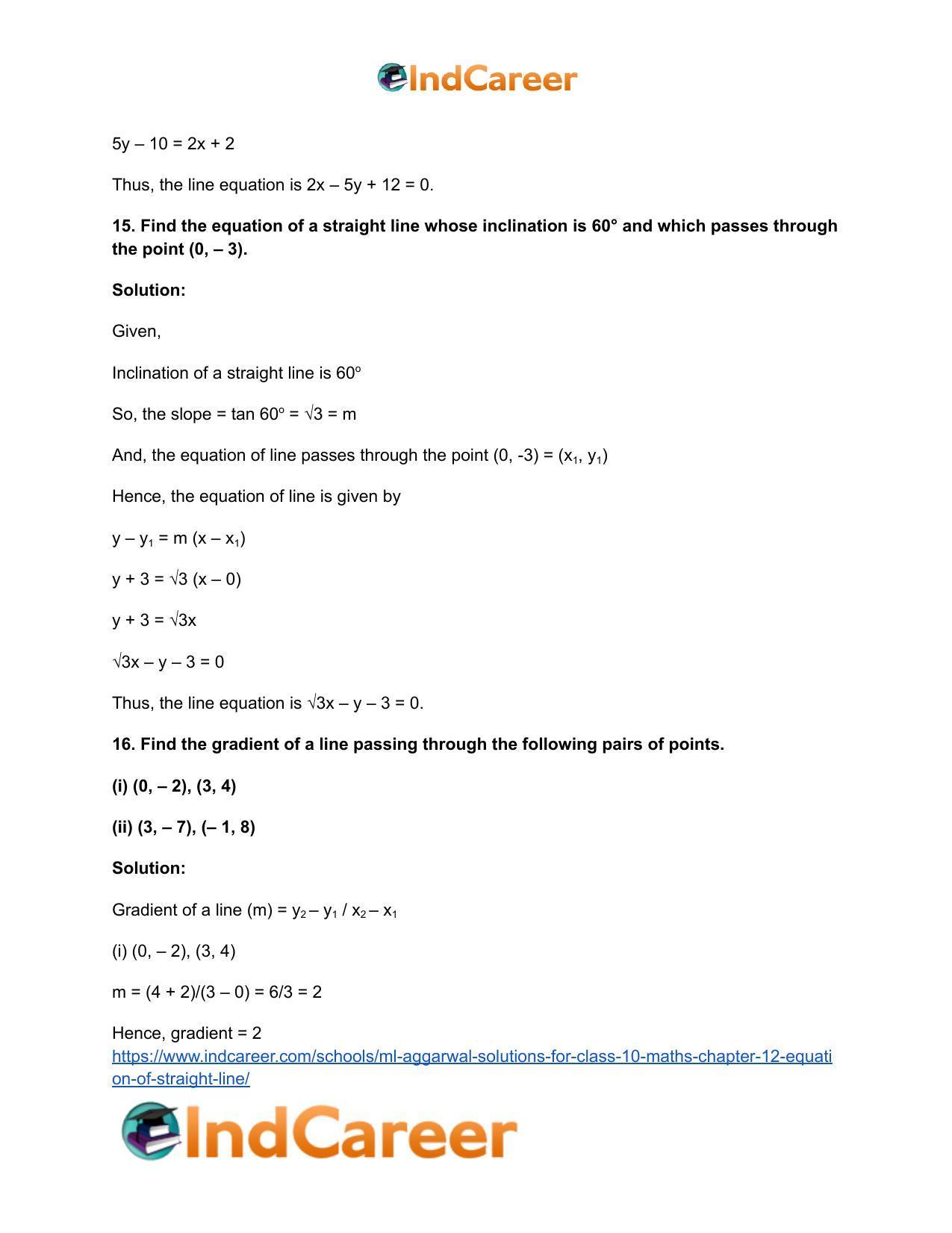ML Aggarwal Solutions for Class 10 Maths Chapter 12- Equation of Straight Line - Page 12