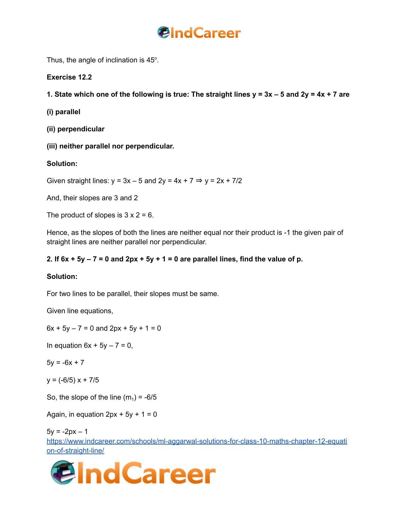 ML Aggarwal Solutions for Class 10 Maths Chapter 12- Equation of Straight Line - Page 45