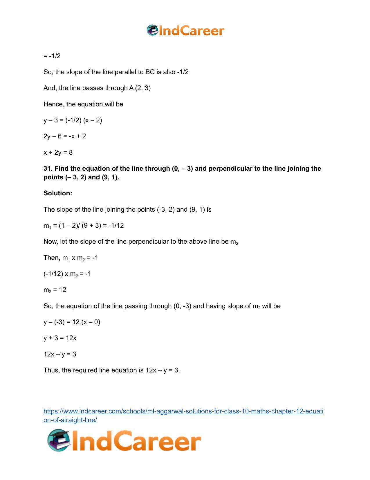 ML Aggarwal Solutions for Class 10 Maths Chapter 12- Equation of Straight Line - Page 72