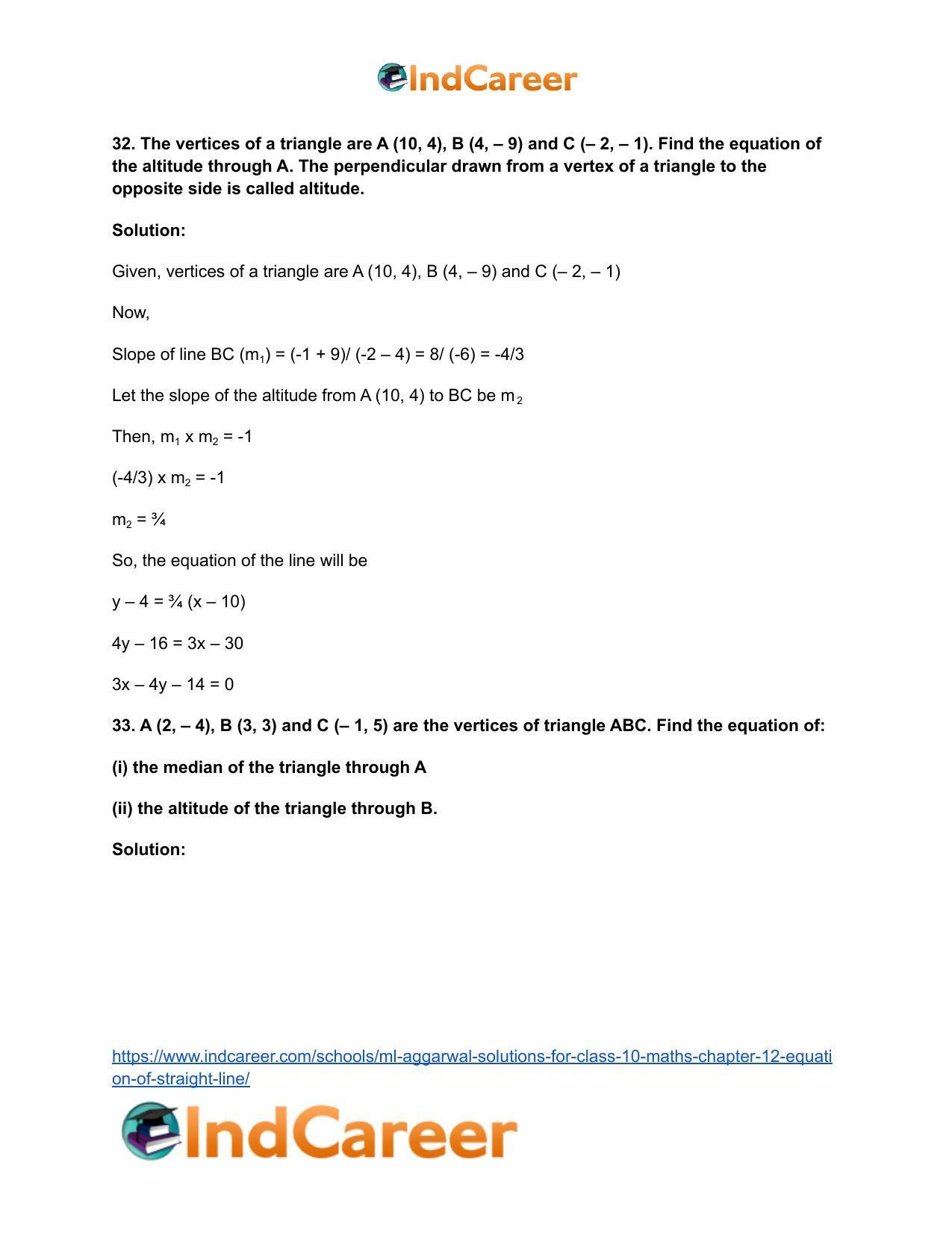 ML Aggarwal Solutions for Class 10 Maths Chapter 12- Equation of Straight Line - Page 73