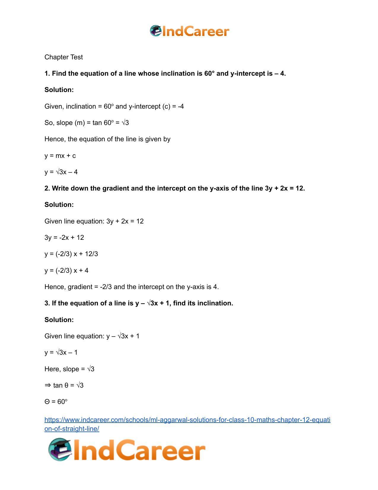 ML Aggarwal Solutions for Class 10 Maths Chapter 12- Equation of Straight Line - Page 91