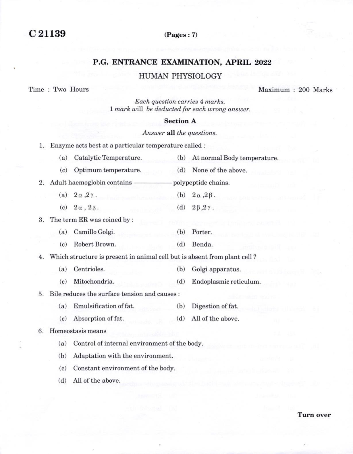 CUCAT 2022 M.Sc. Human Physiology Question Paper - Page 1