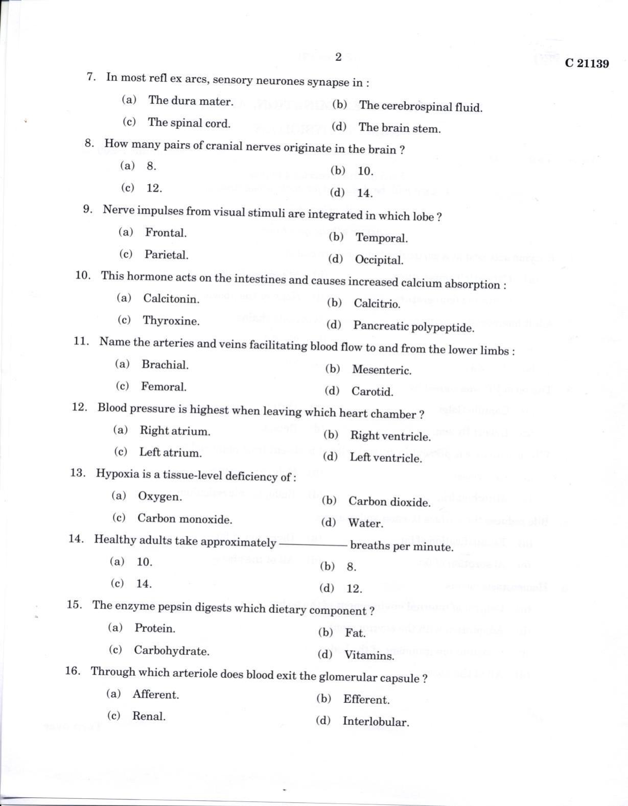 CUCAT 2022 M.Sc. Human Physiology Question Paper - Page 2