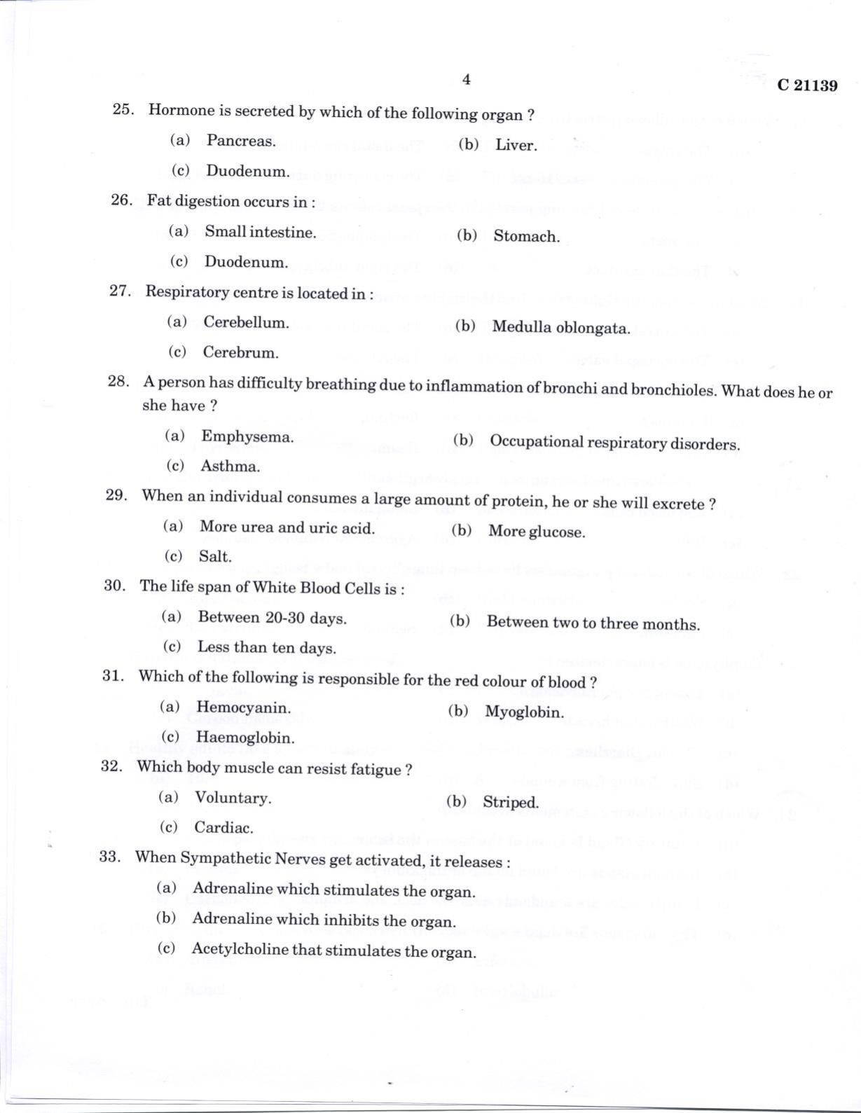 CUCAT 2022 M.Sc. Human Physiology Question Paper - Page 4
