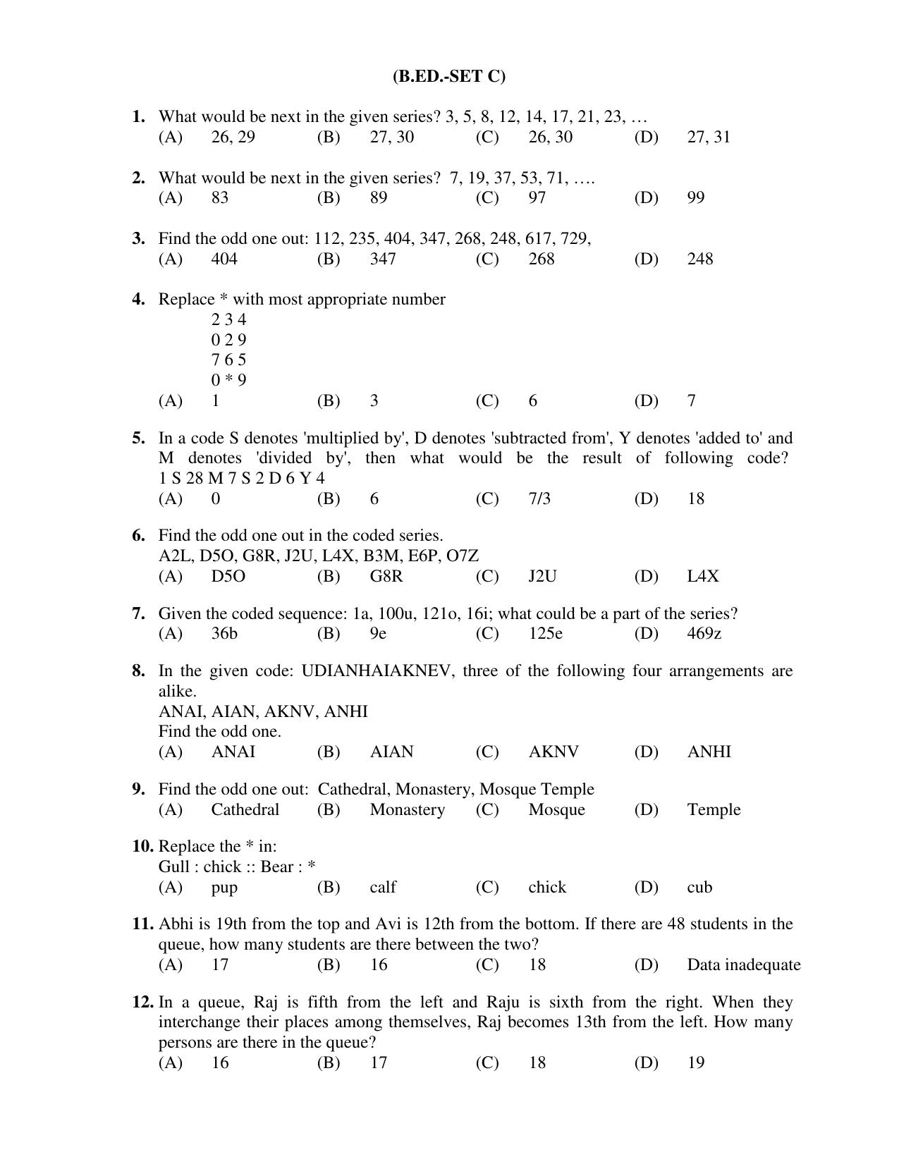 Chandigarh B.Ed 2019 Question Paper - Set C - Page 1