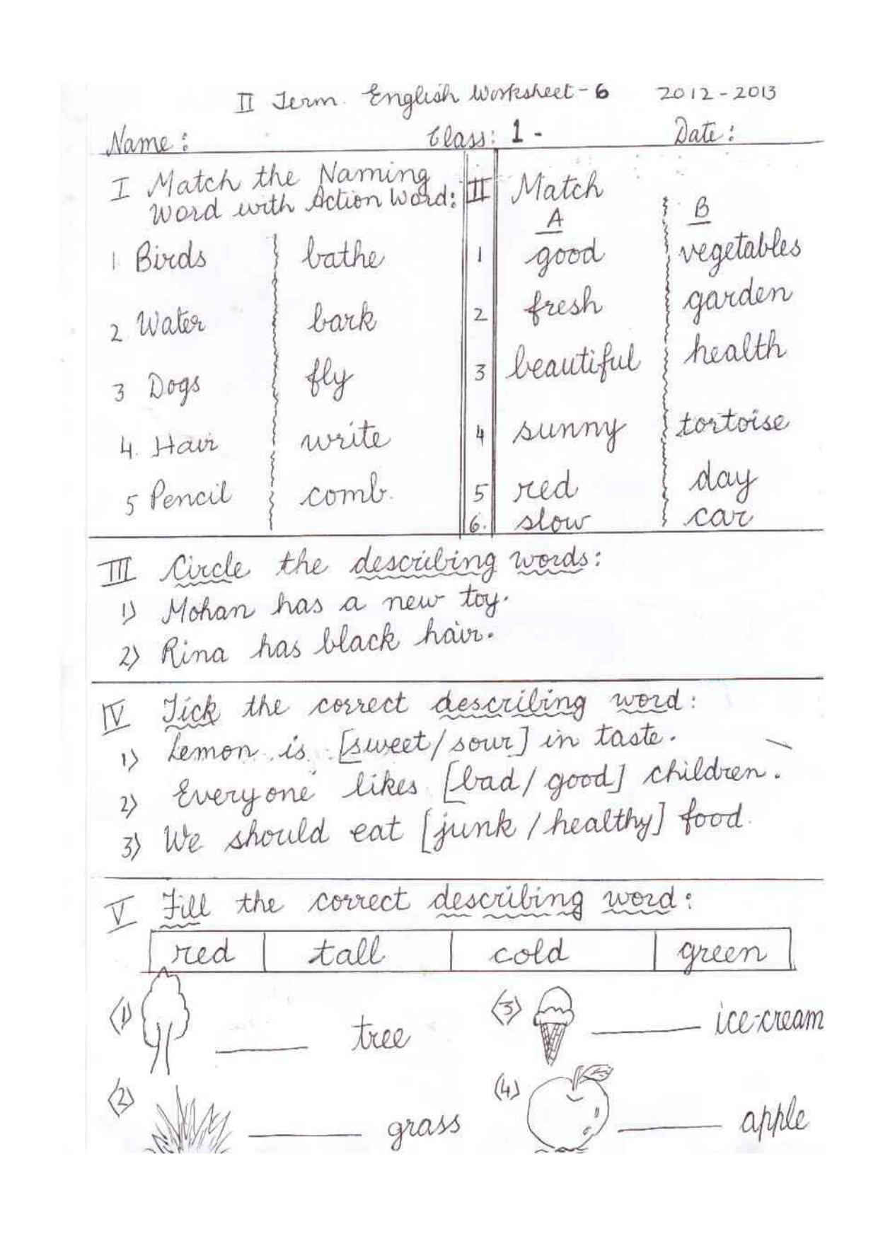 Worksheet for Class 1 English Assignment 7 - Page 1
