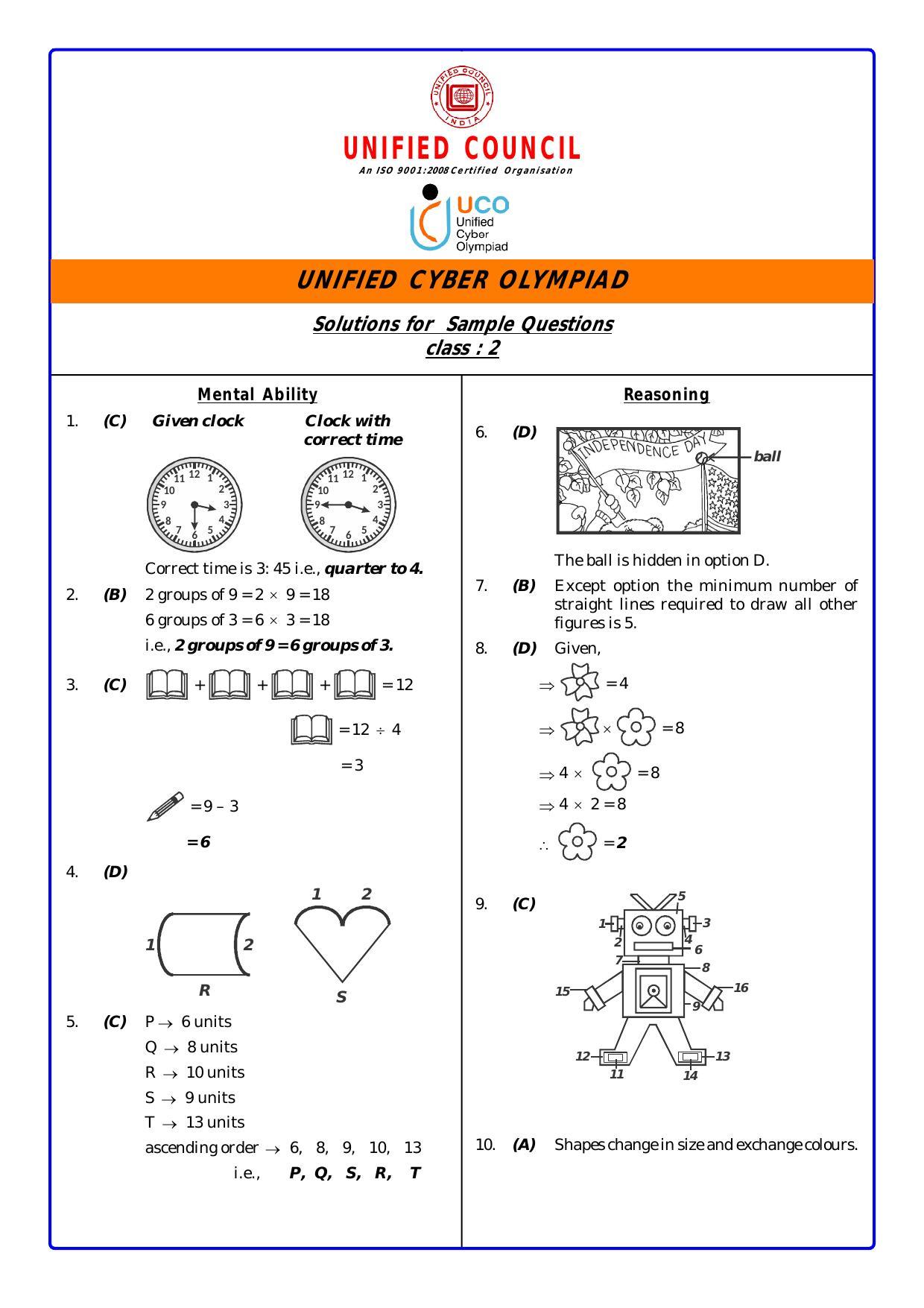 UCO Sample Papers for Class 2 Key & Solutions - Page 1