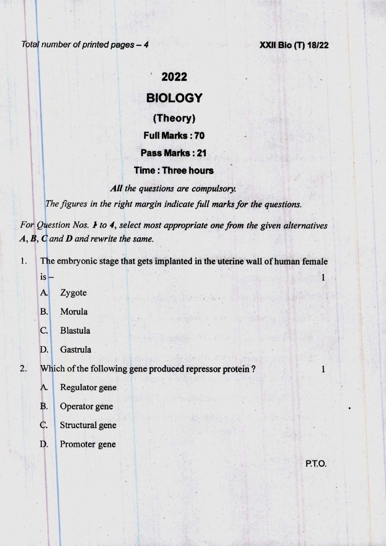 COHSEM 12th Question Papers 2022 Biology - Page 1