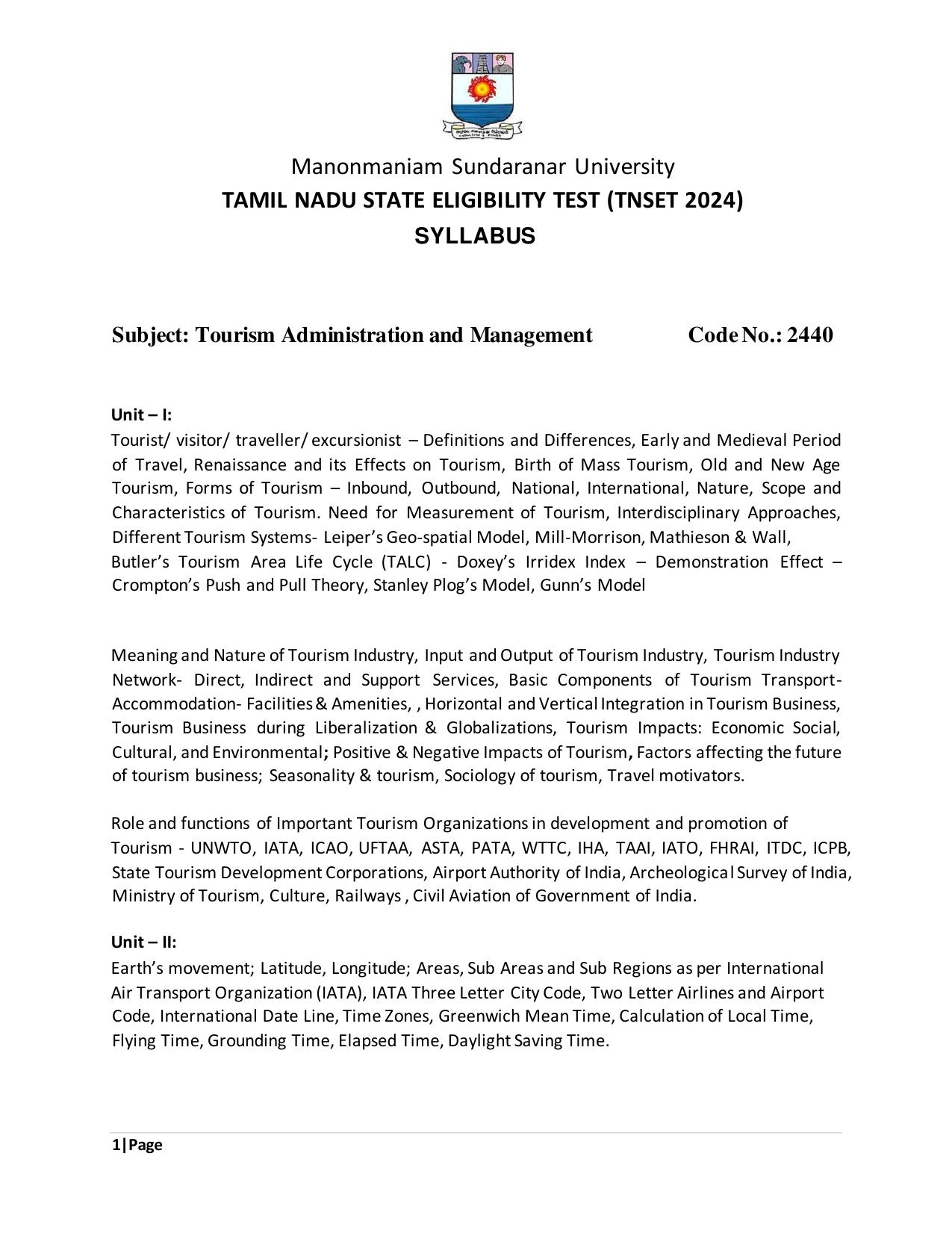 TNSET Syllabus - Tourism Administration and Management - Page 1