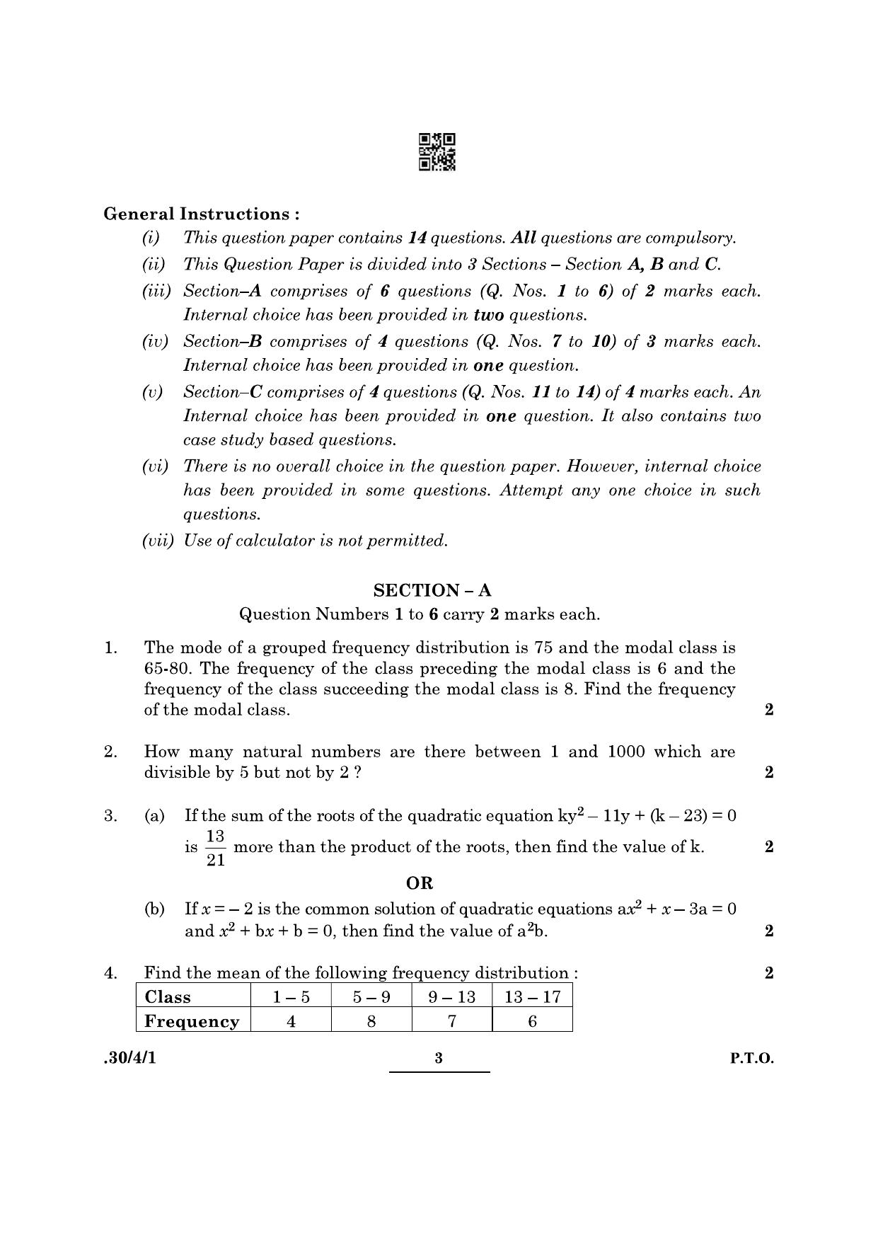 CBSE Class 10 Maths (30/4/1 - SET I) 2022 Question Paper - Page 3
