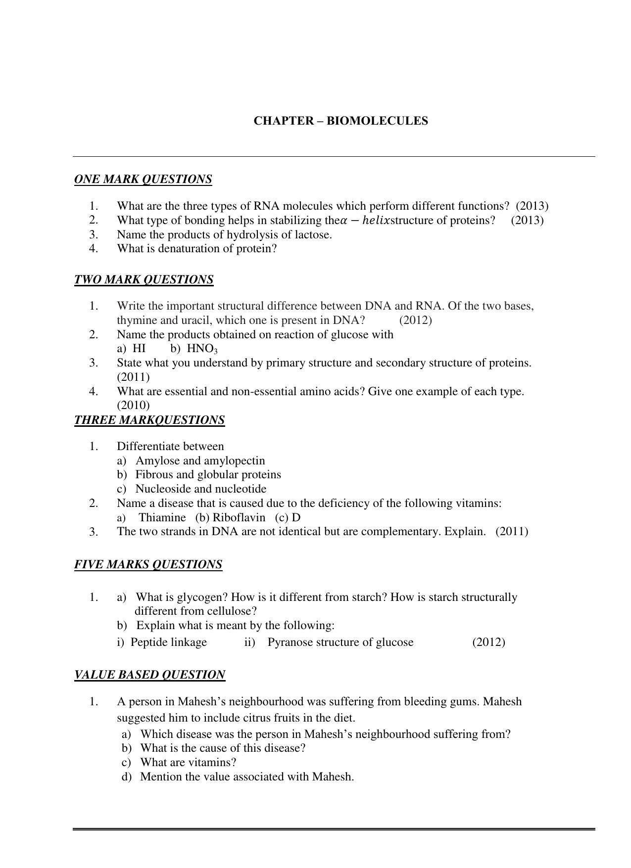 CBSE Class 12 Biology Bio molecule Worksheet - Page 1