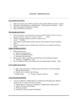 CBSE Class 12 Biology Bio molecule Worksheet