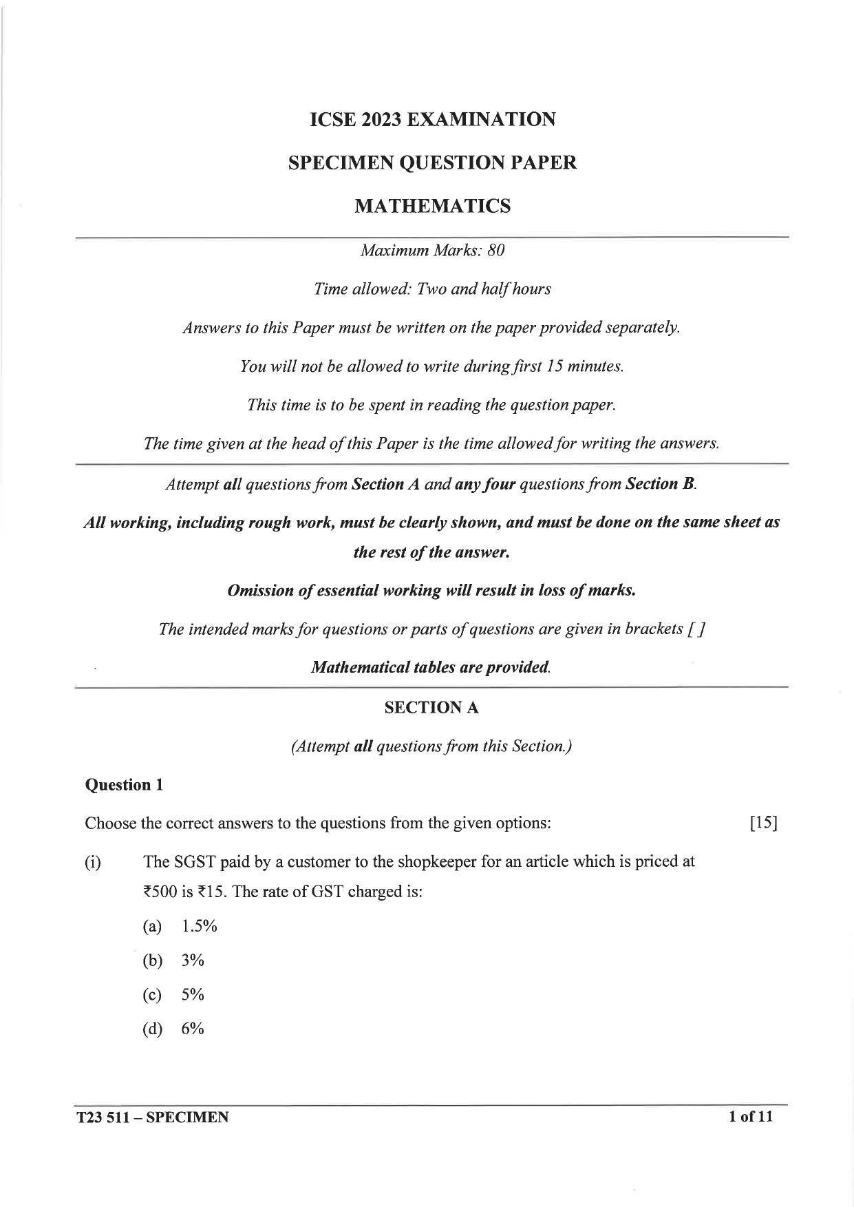 ICSE Class 10 Maths Sample Paper 2023 - Page 1