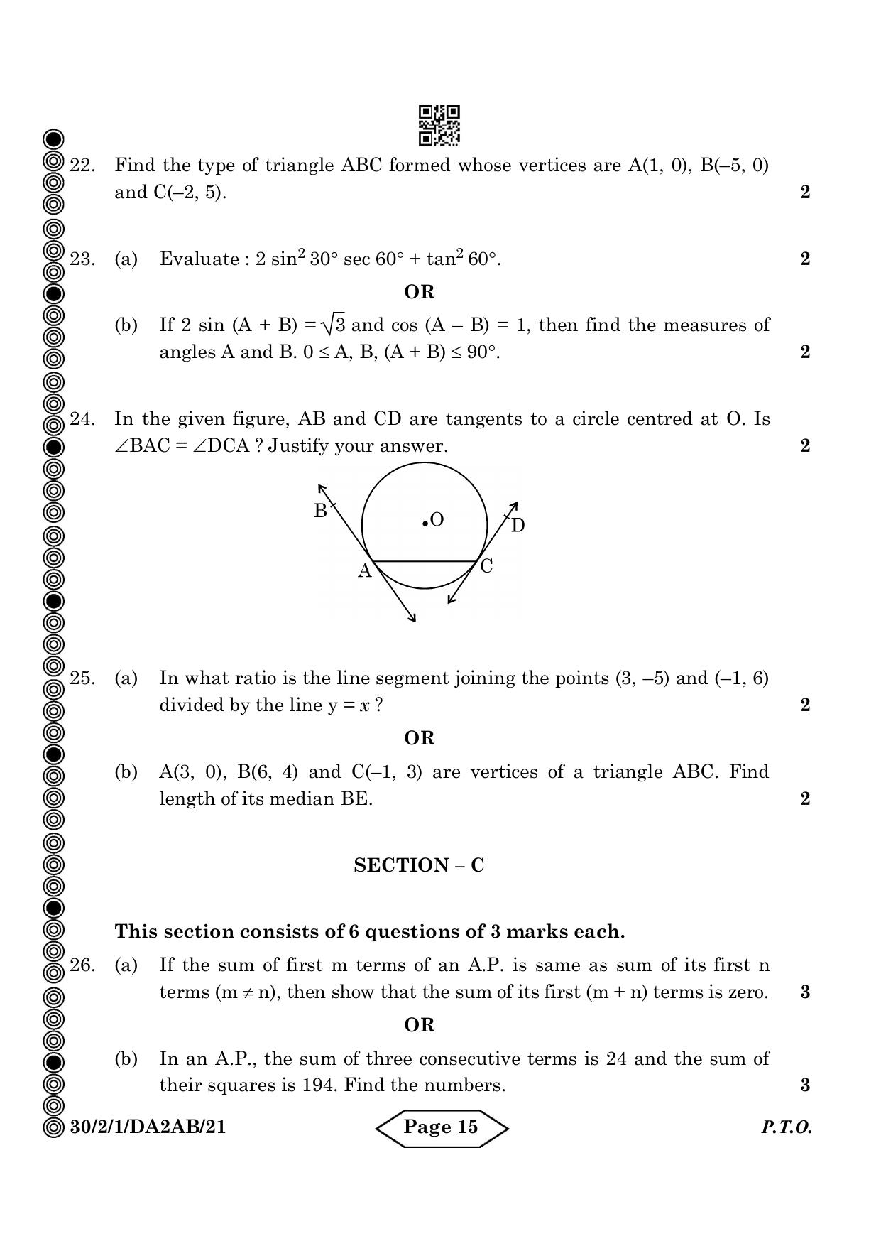 CBSE Class 10 30-2-1 Mathematics Standard 2024 Question Paper - Page 15