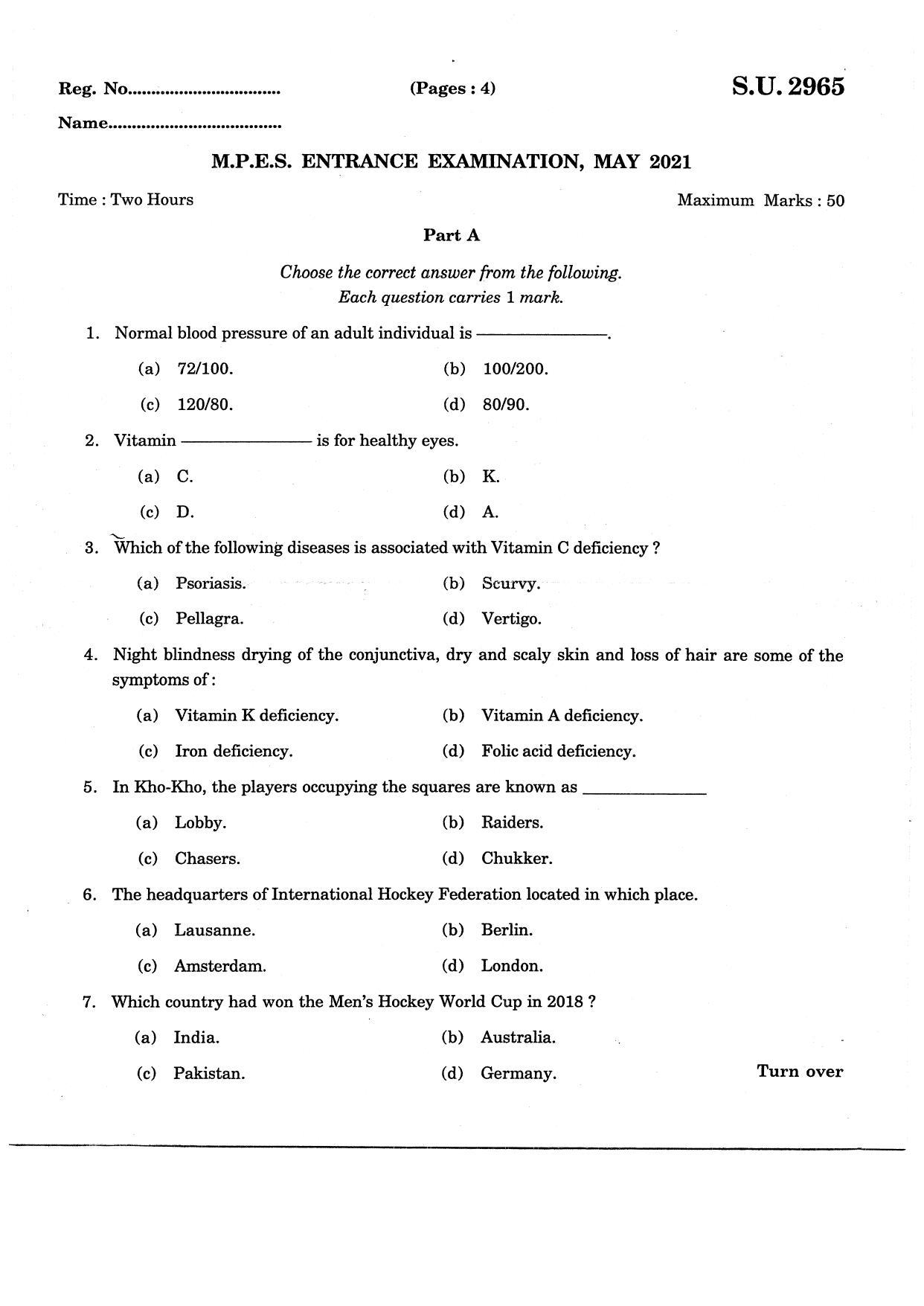 SSUS Entrance Exam MPES 2021 Question Paper - Page 1