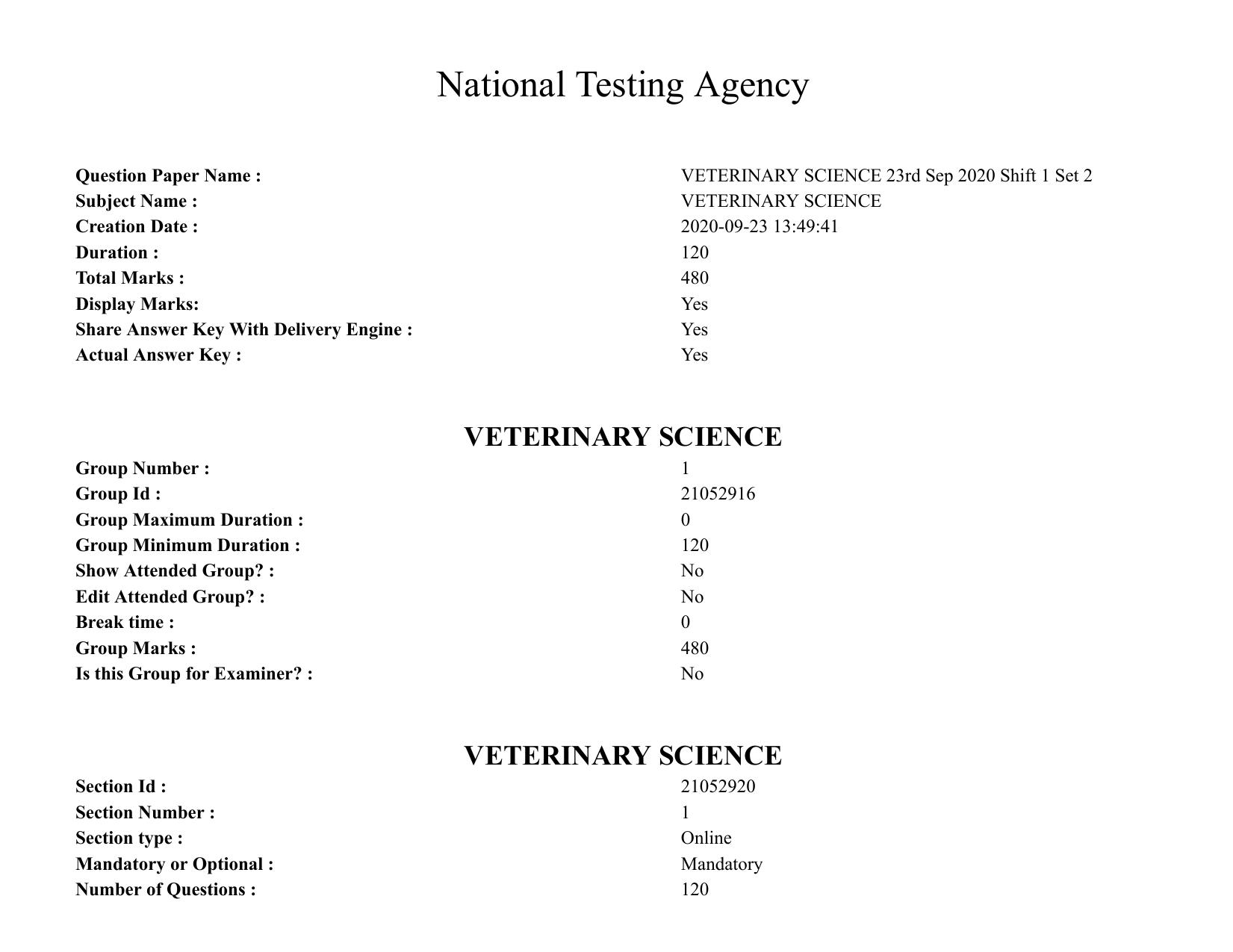 ICAR AIEEA PG 2020 VETERINARY SCIENCE Question Paper - Page 1