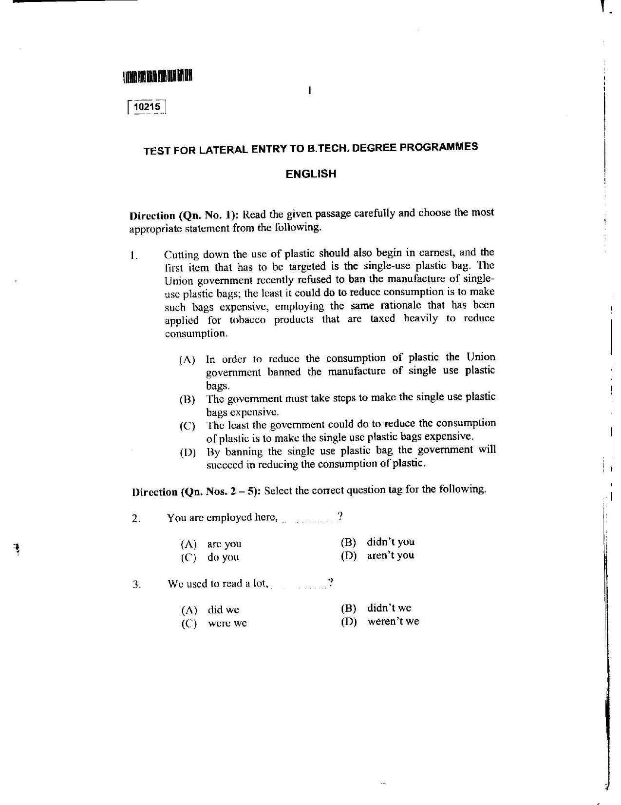 CUSAT CAT 2015 Lateral Entry Question Paper - Page 2