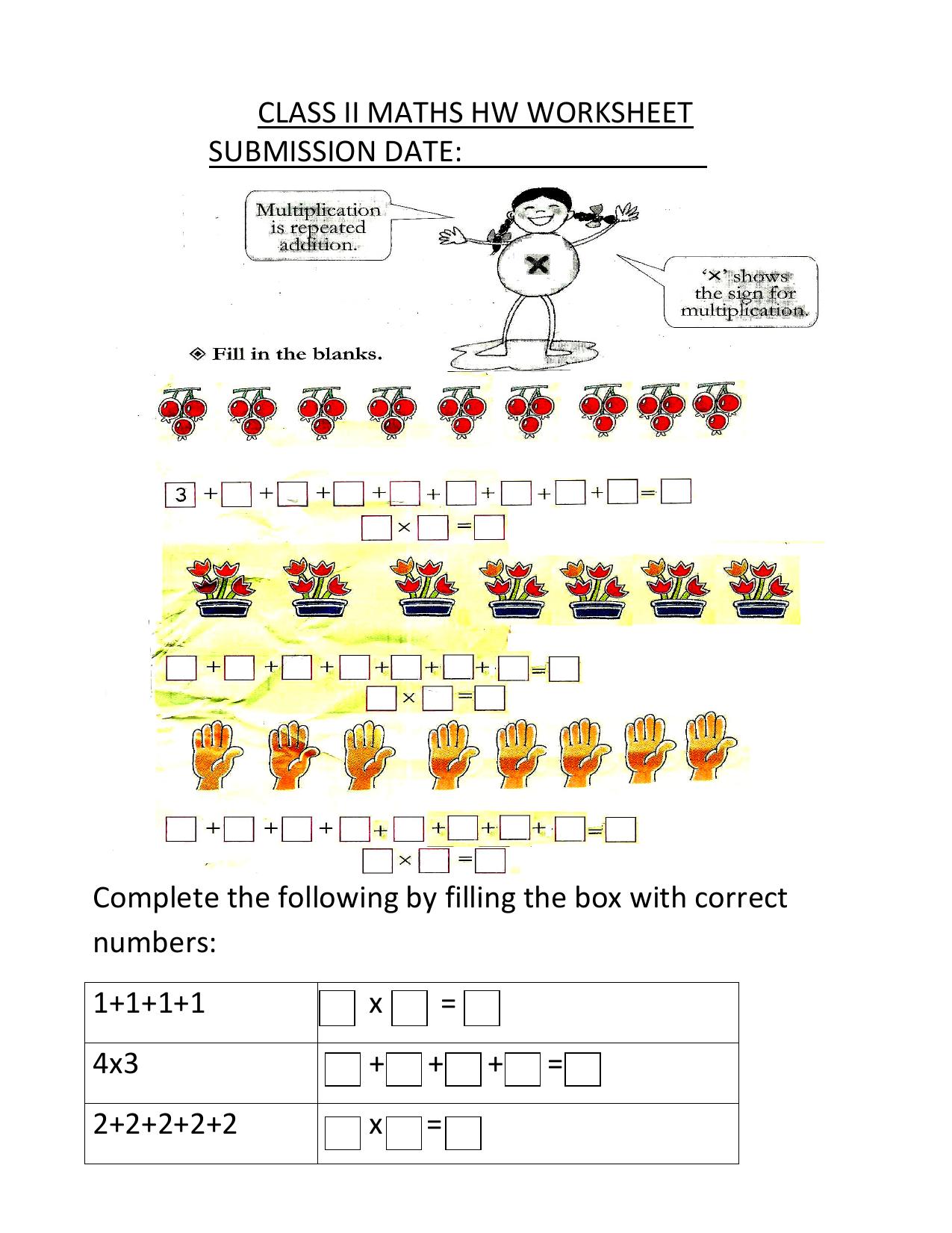 Worksheets for Class 2 Maths Assignment 119 Multiplication - Page 1