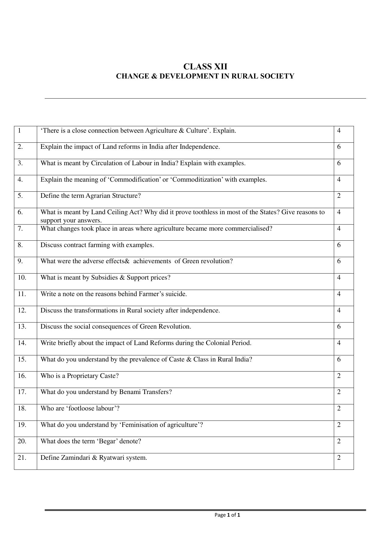 CBSE Class 12 Sociology Change and Development in Rural Society Worksheets - Page 1