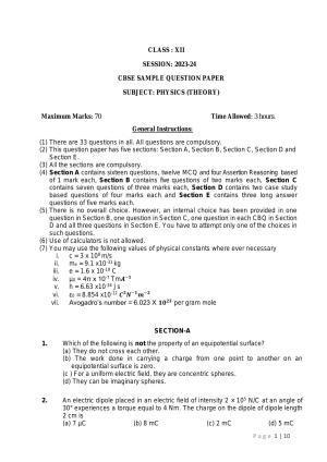 CBSE Class 12 Physics Sample Paper 2024