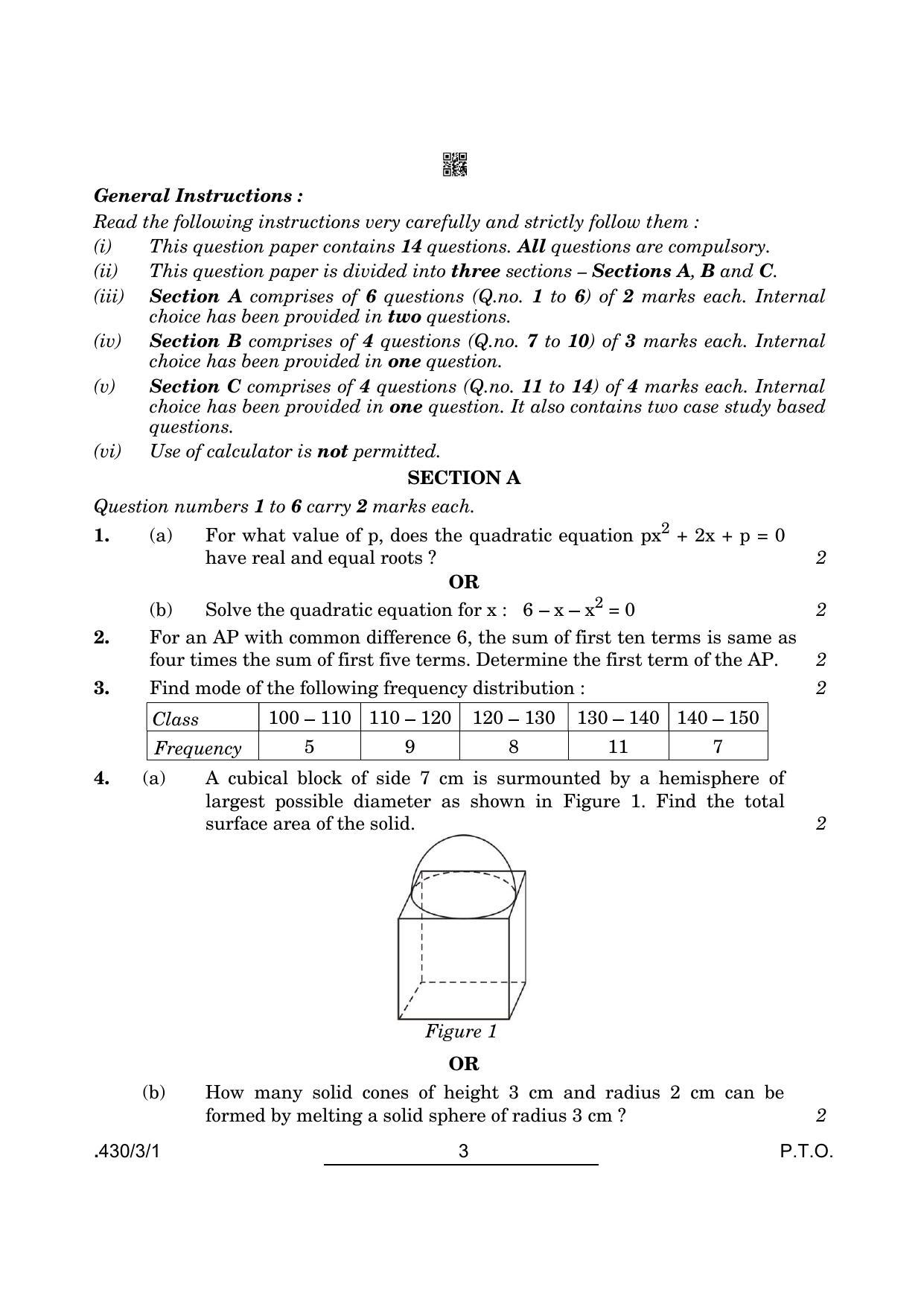 CBSE Class 10 Maths Basic (430/3/1 - SET 1) 2022 Question Paper - Page 3