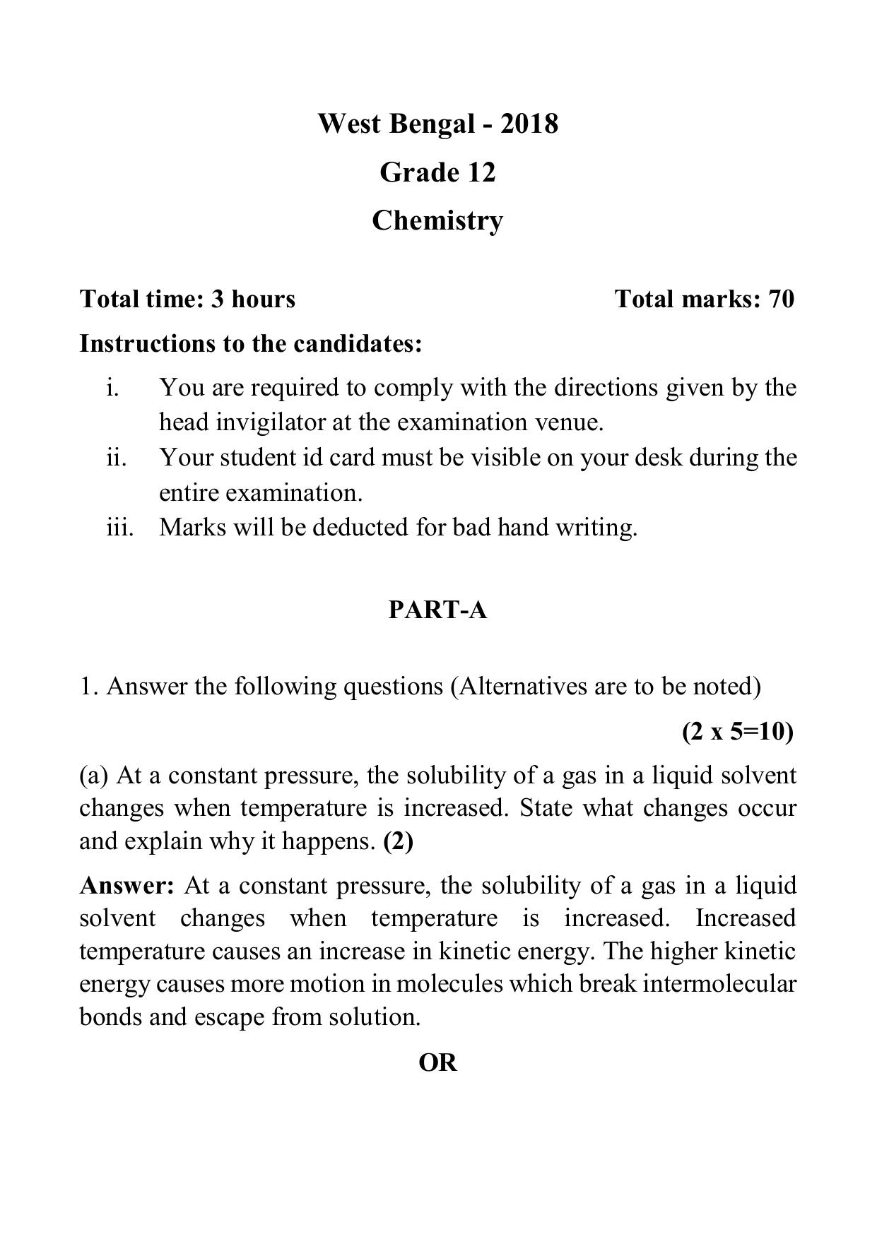 West Bengal Board Class 12 Chemistry 2018 Question Paper - Page 1