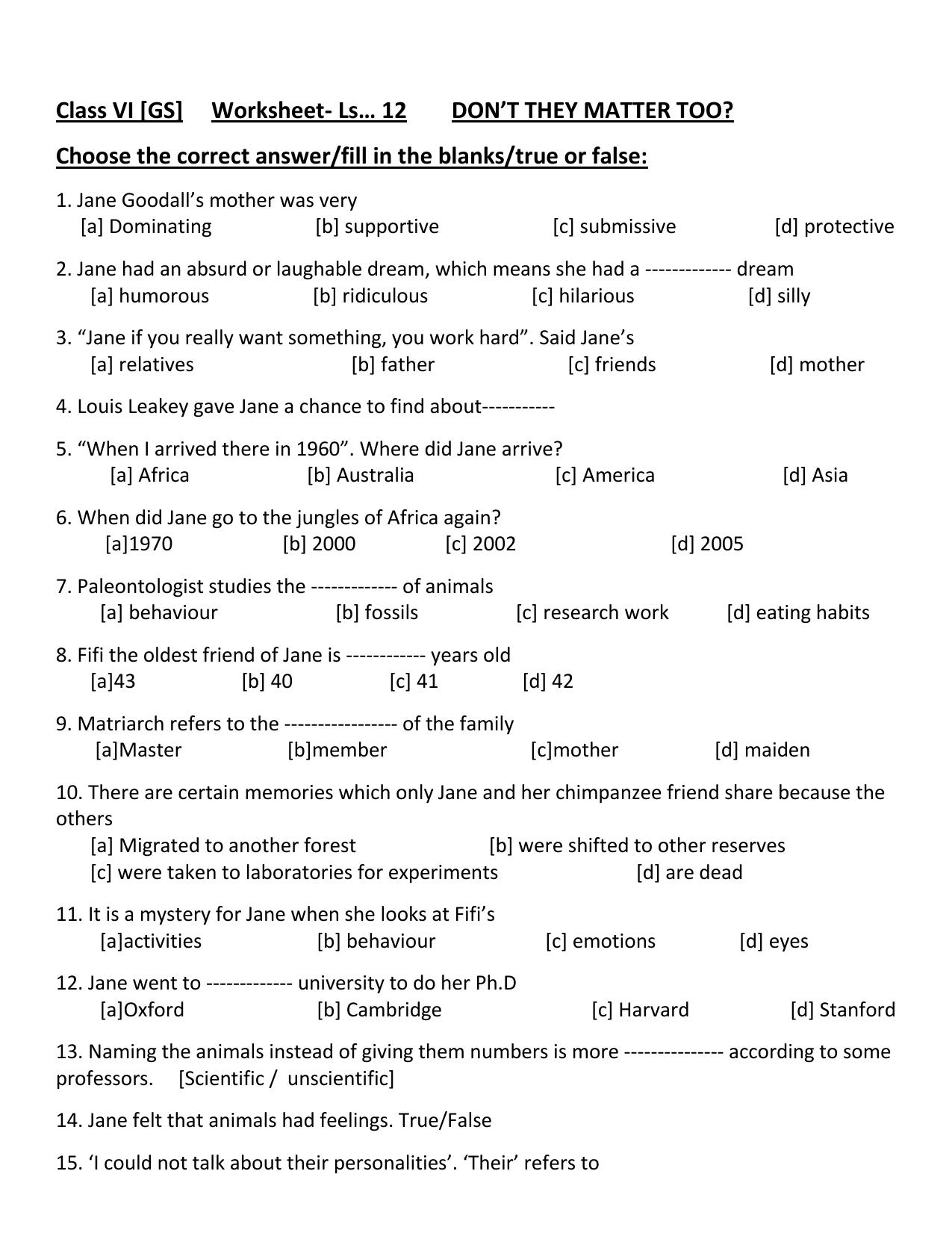Worksheet for Class 4 English Assignment 59 Dont They Metter Too - Page 1