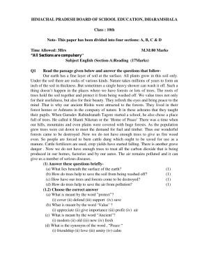 HPBOSE Class 10th English Sample Question Papers 2024
