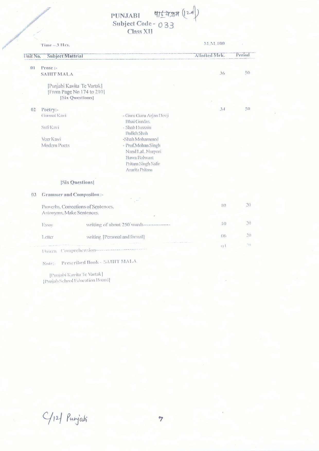 CGBSE Class 12th Syllabus 2021-2022 - Punjabi - Page 1