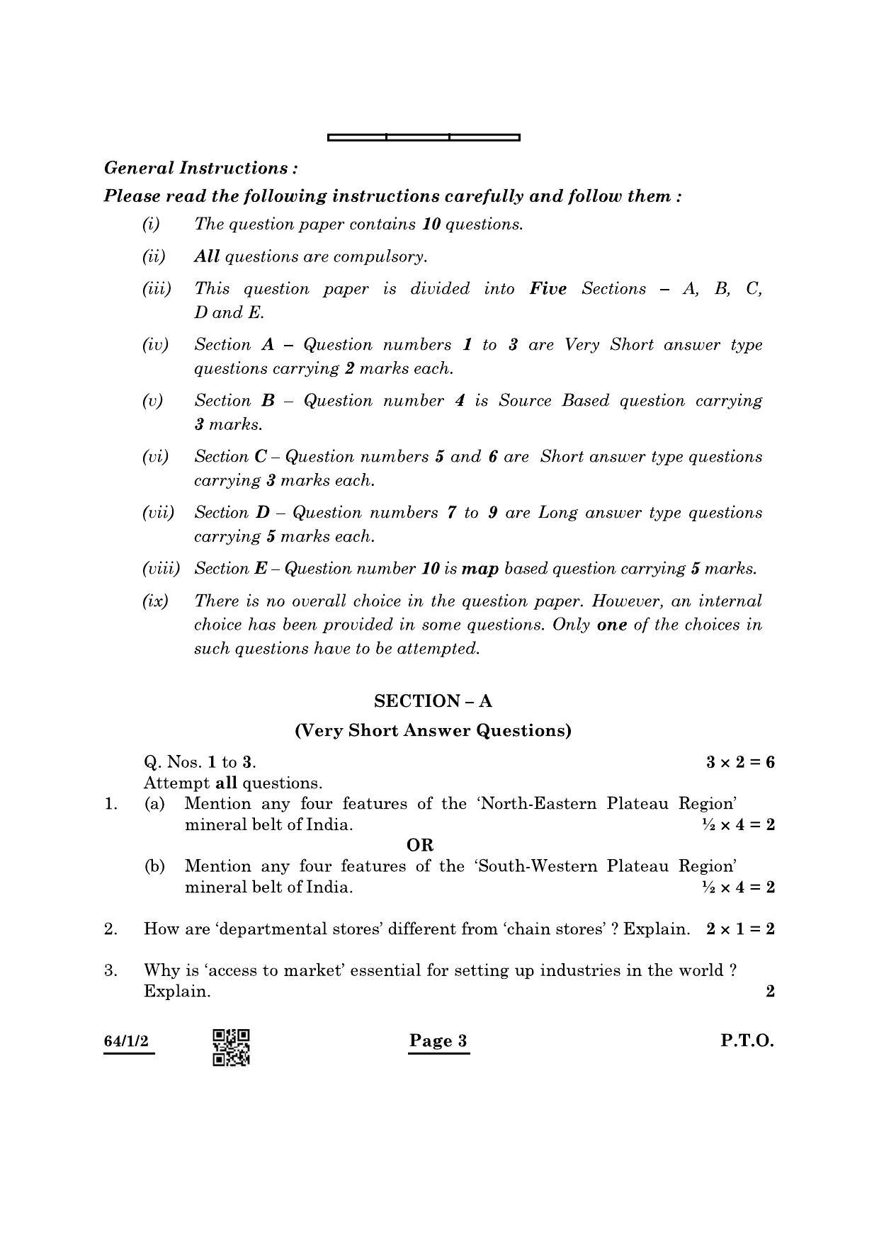 CBSE Class 12 64-1-2 Geography 2022 Question Paper - Page 3