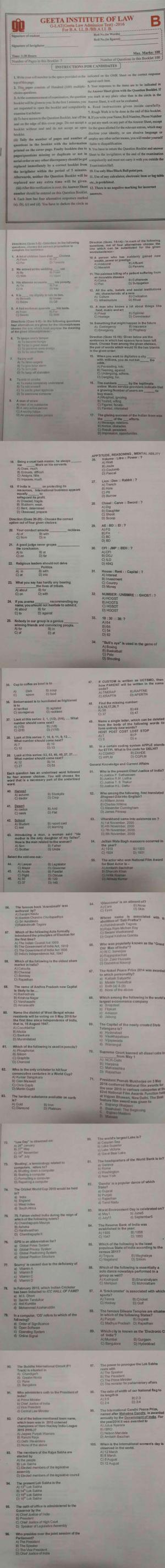 Geeta Law Admission Test (GLAT) 2016 Question Paper