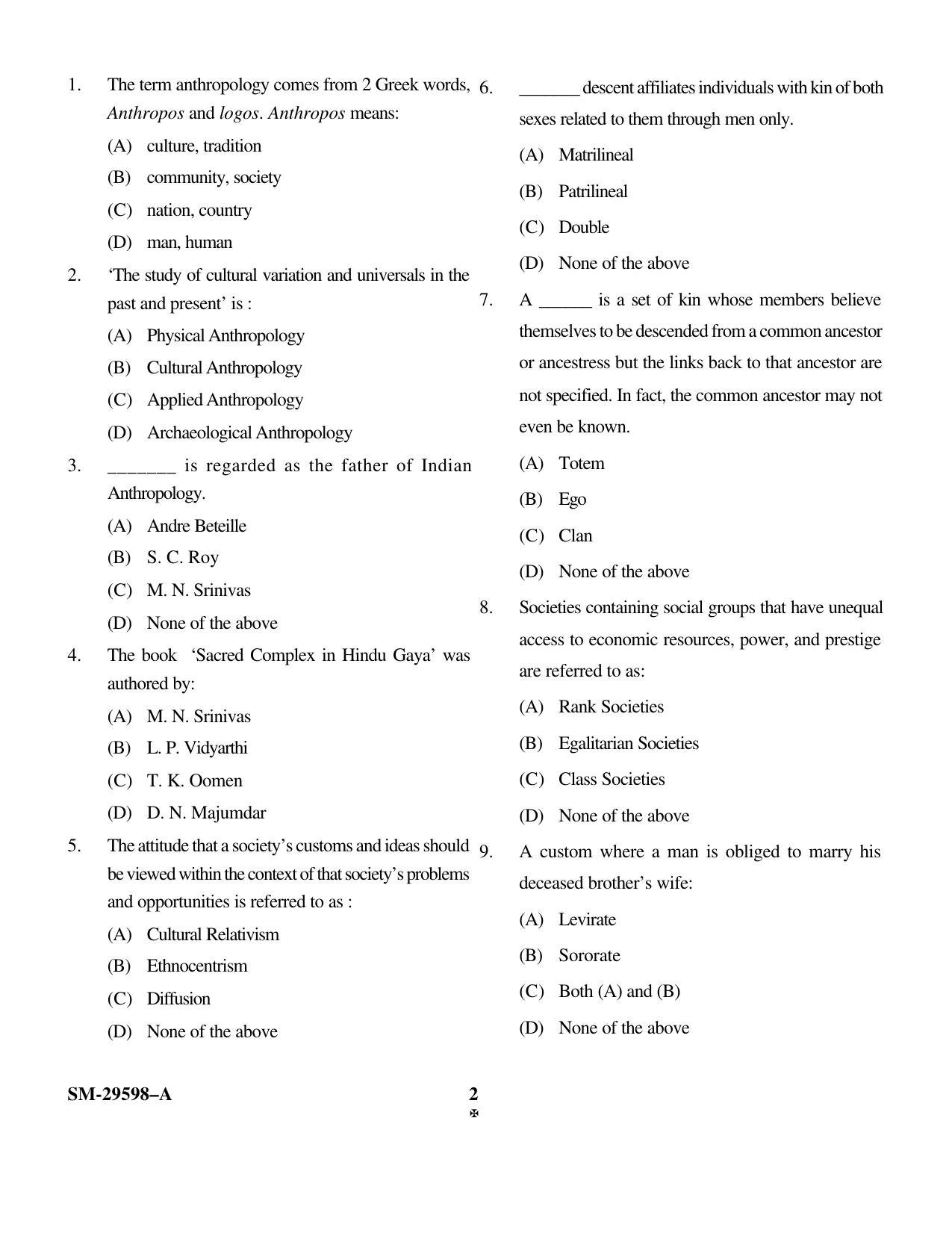KUET 2023 M.A. Anthropogy Question Paper - Page 2