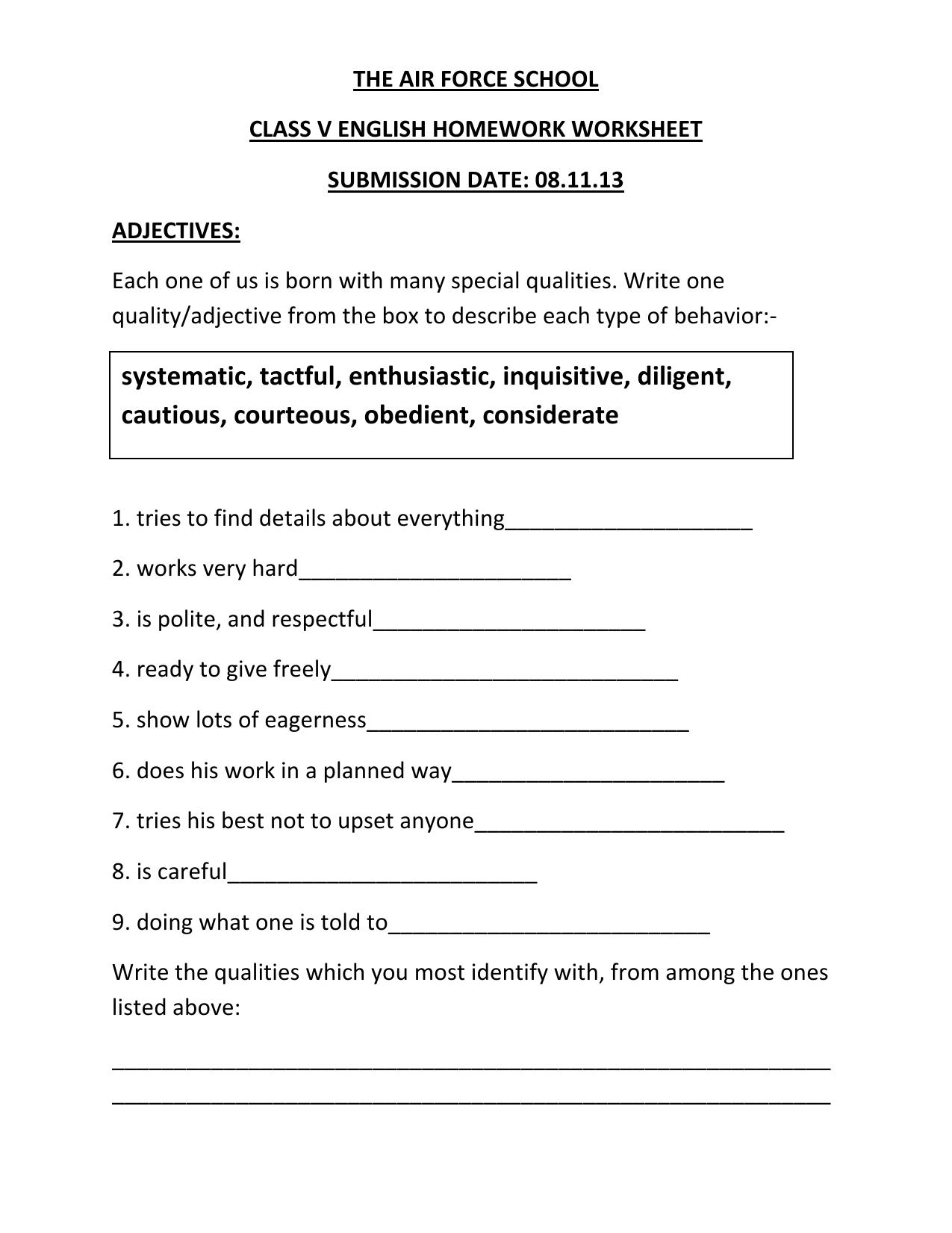 Worksheet for Class 5 English Adjectives Assignment 1 - Page 1