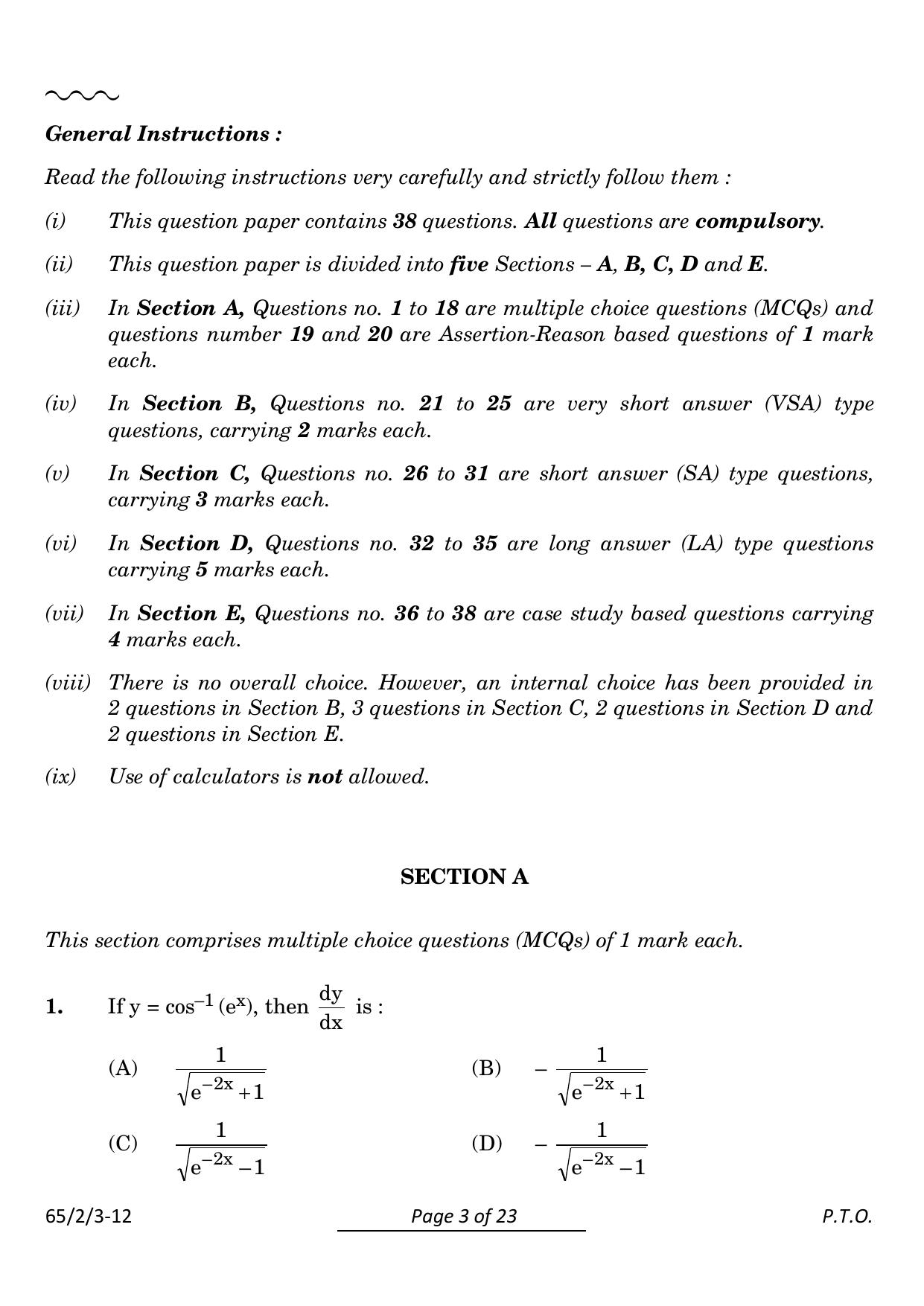 CBSE Class 12 65-2-3 Mathematics 2024 Question Paper - Page 3