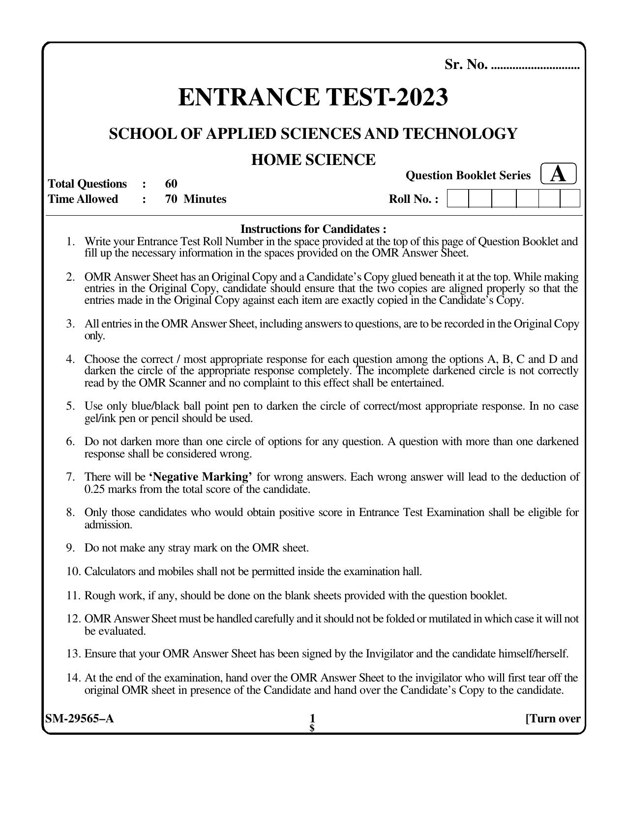 KUET 2023 M.Sc. Home Science Question Paper - Page 1