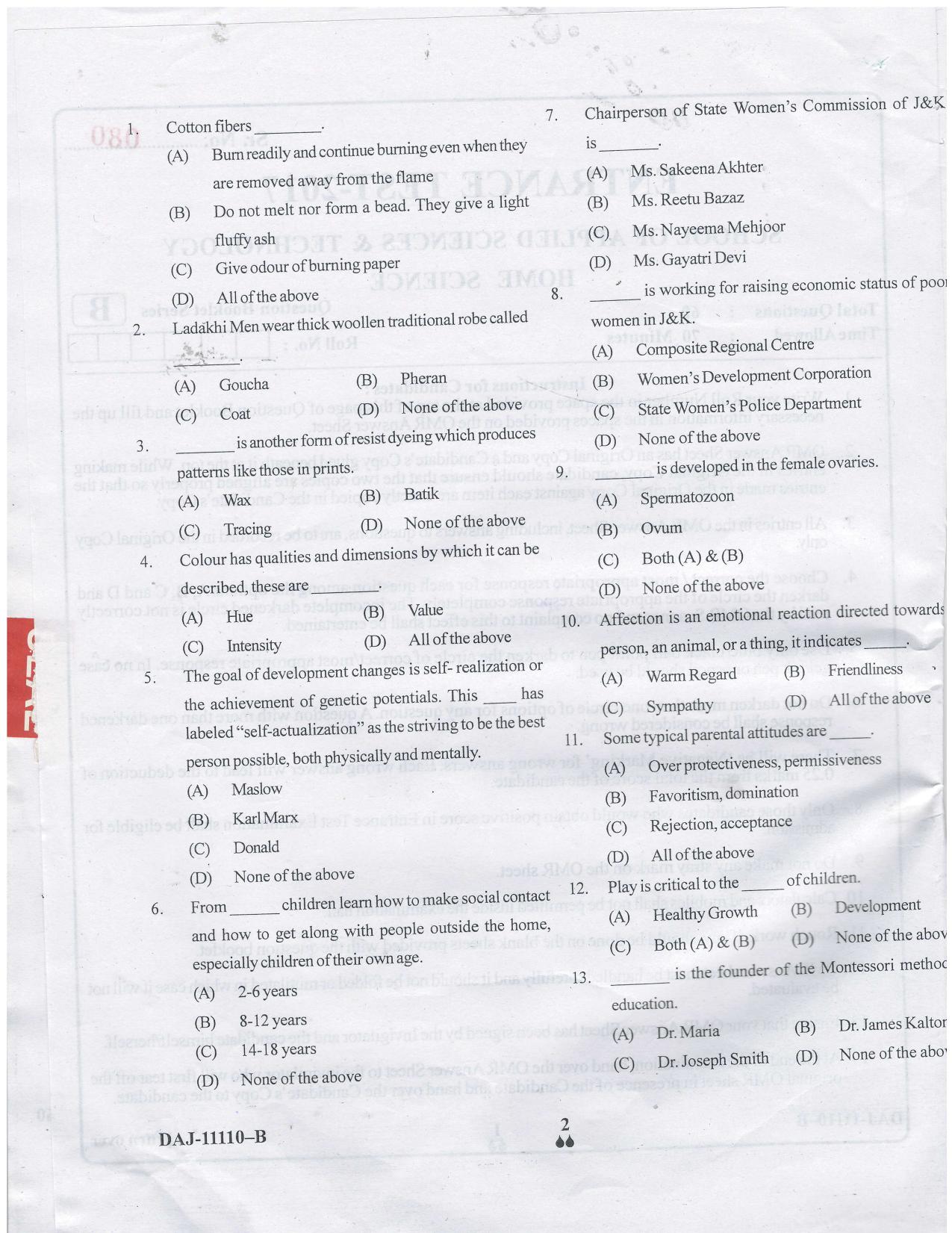 KUET 2023 M.Sc. Home Science Question Paper - Page 21