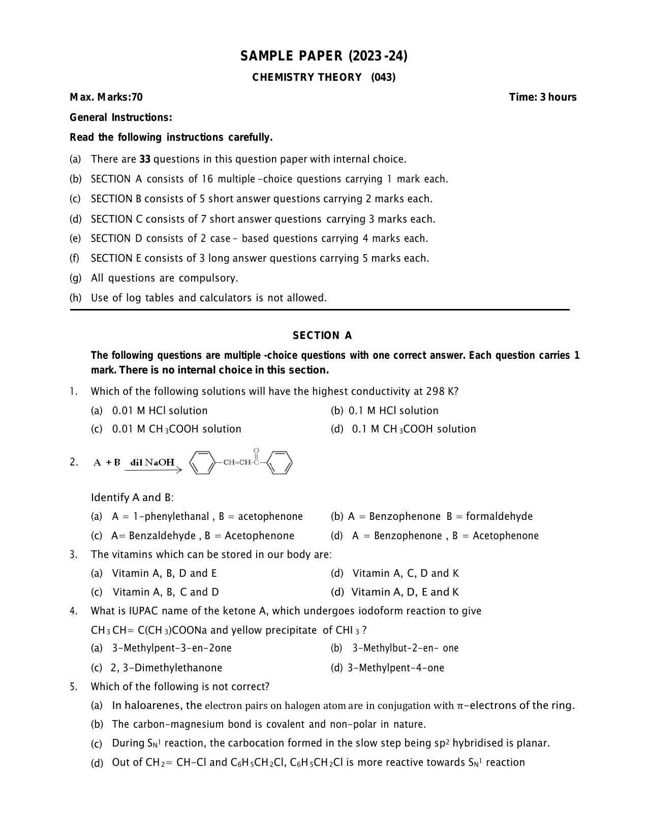 CBSE Class 12 Chemistry Sample Paper 2024 - Page 1