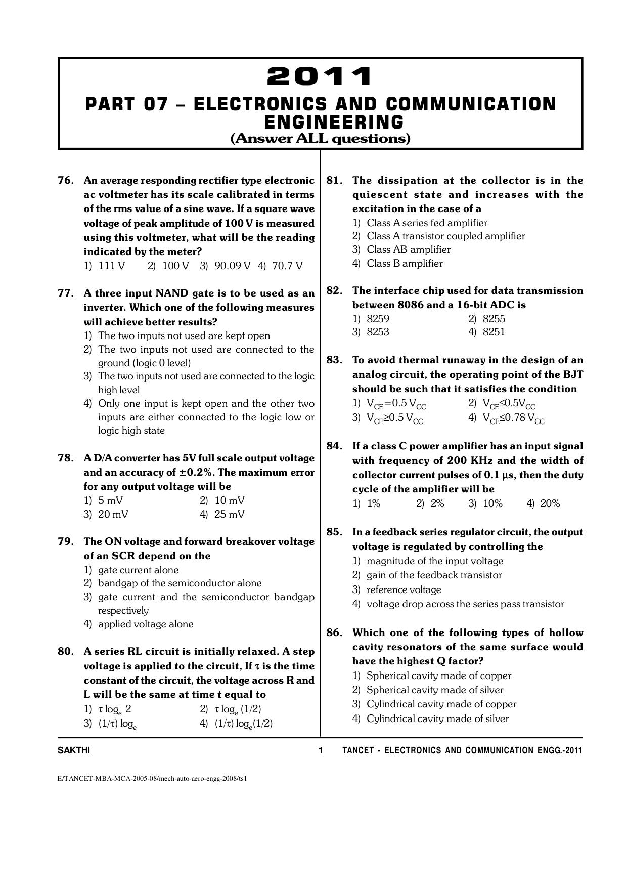 TANCET Electronics and Communication Engineering Question Papers 2011 - Page 1